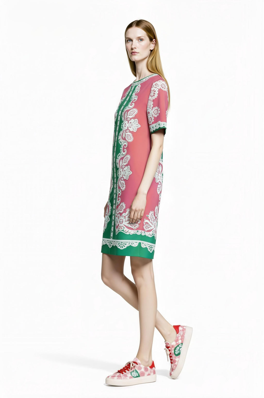 Apple Green Scarf Print T-Shirt Dress, Relaxed Fit Mini, Drop Shoulder Summer Outfit