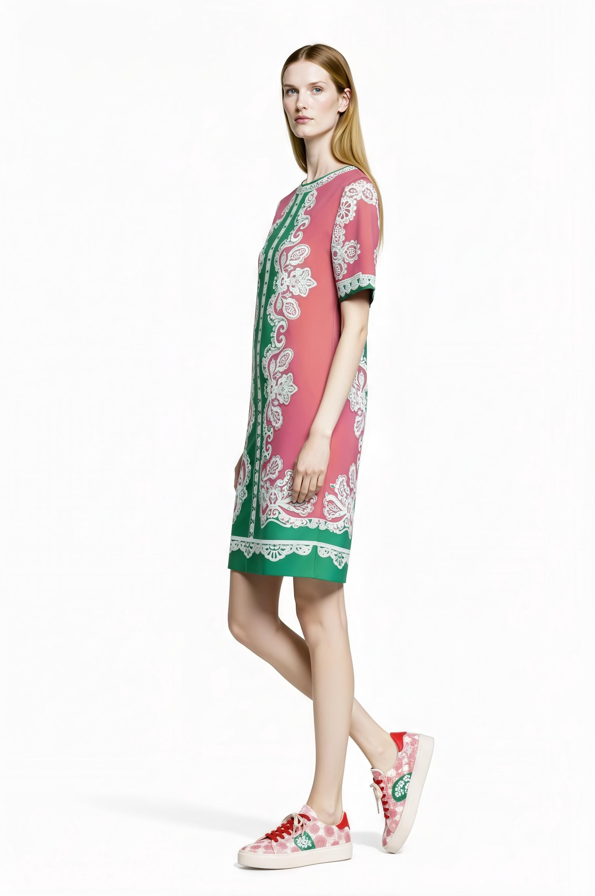 Apple Green Scarf Print T-Shirt Dress, Relaxed Fit Mini, Drop Shoulder Summer Outfit