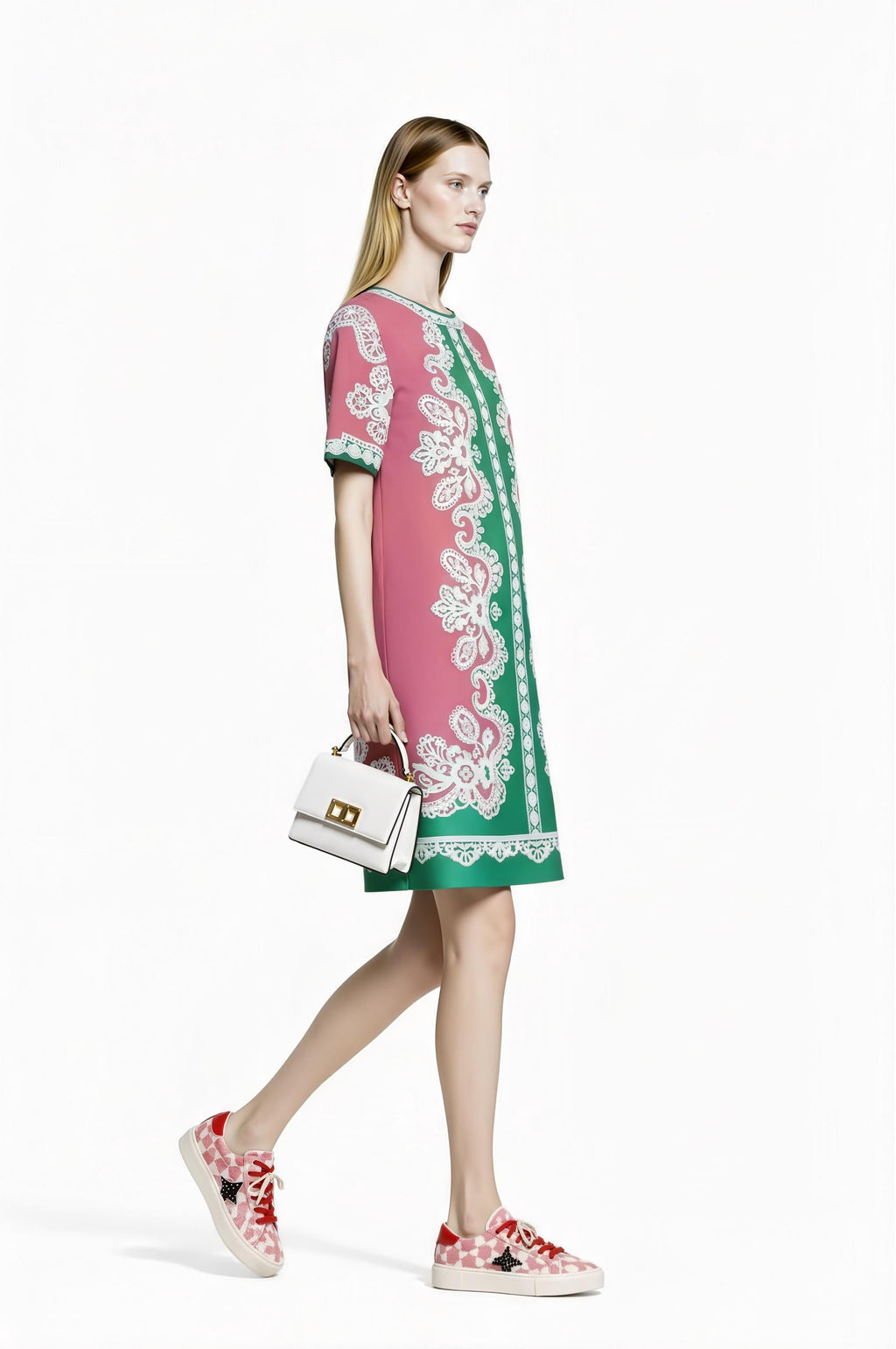 Apple Green Scarf Print T-Shirt Dress, Relaxed Fit Mini, Drop Shoulder Summer Outfit