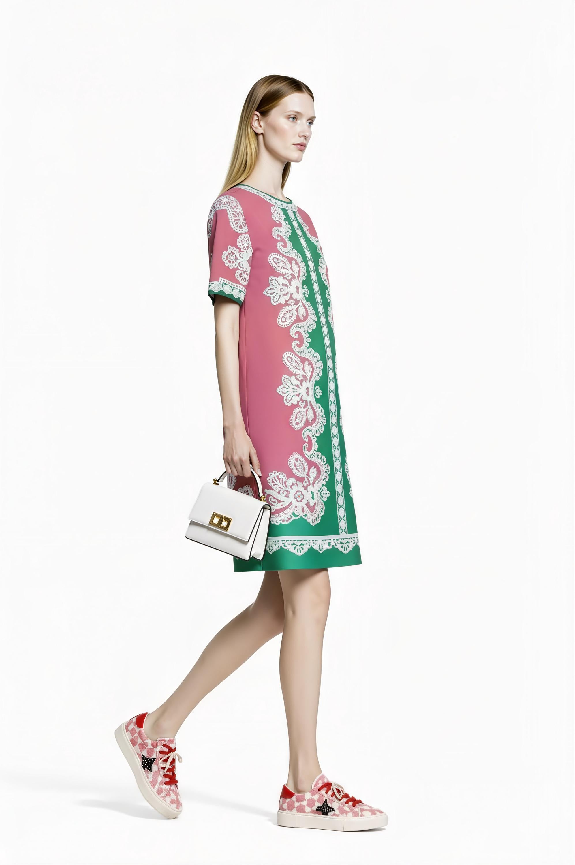 Apple Green Scarf Print T-Shirt Dress, Relaxed Fit Mini, Drop Shoulder Summer Outfit