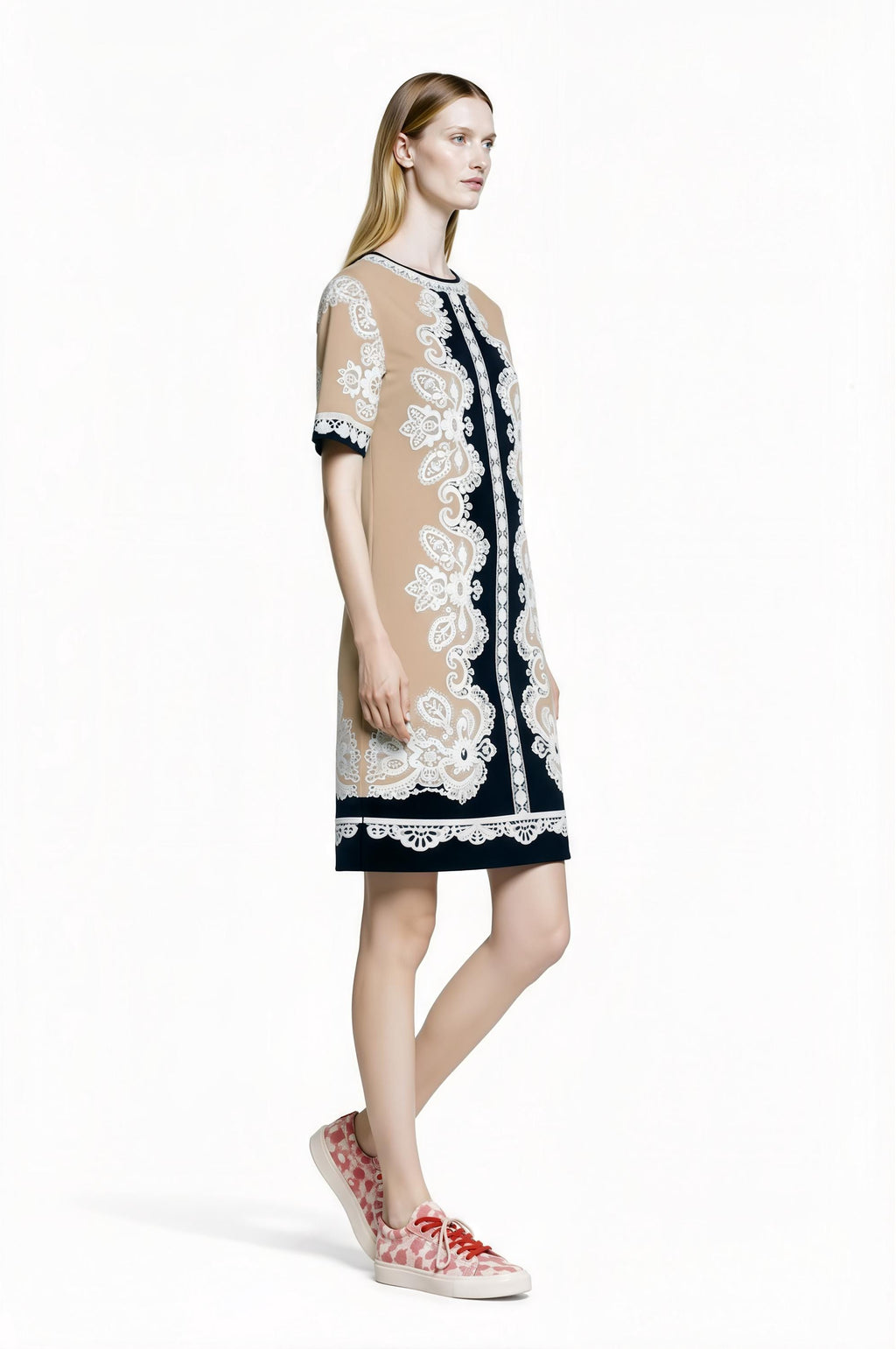 Apple Green Scarf Print T-Shirt Dress, Relaxed Fit Mini, Drop Shoulder Summer Outfit