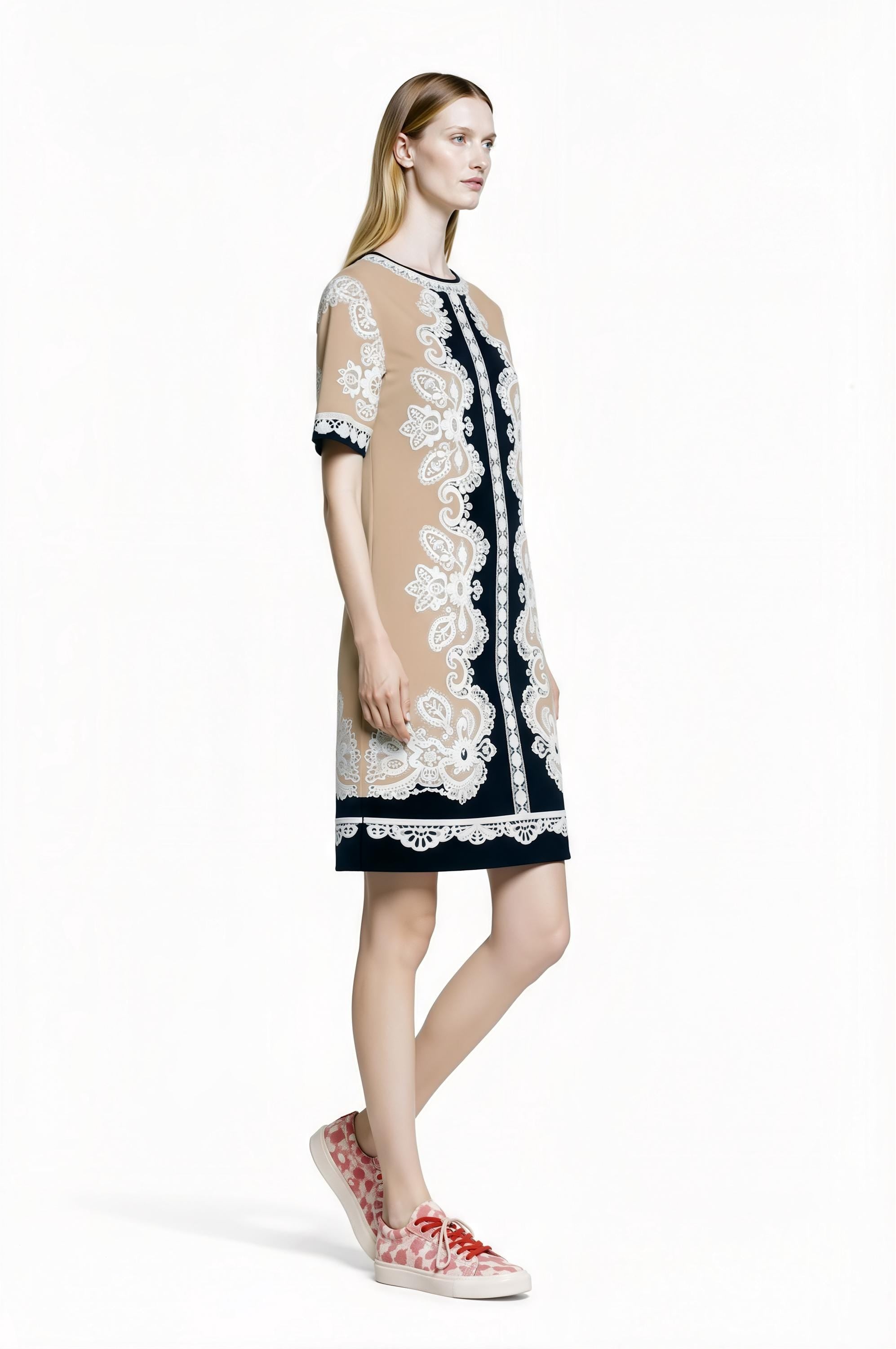 Apple Green Scarf Print T-Shirt Dress, Relaxed Fit Mini, Drop Shoulder Summer Outfit