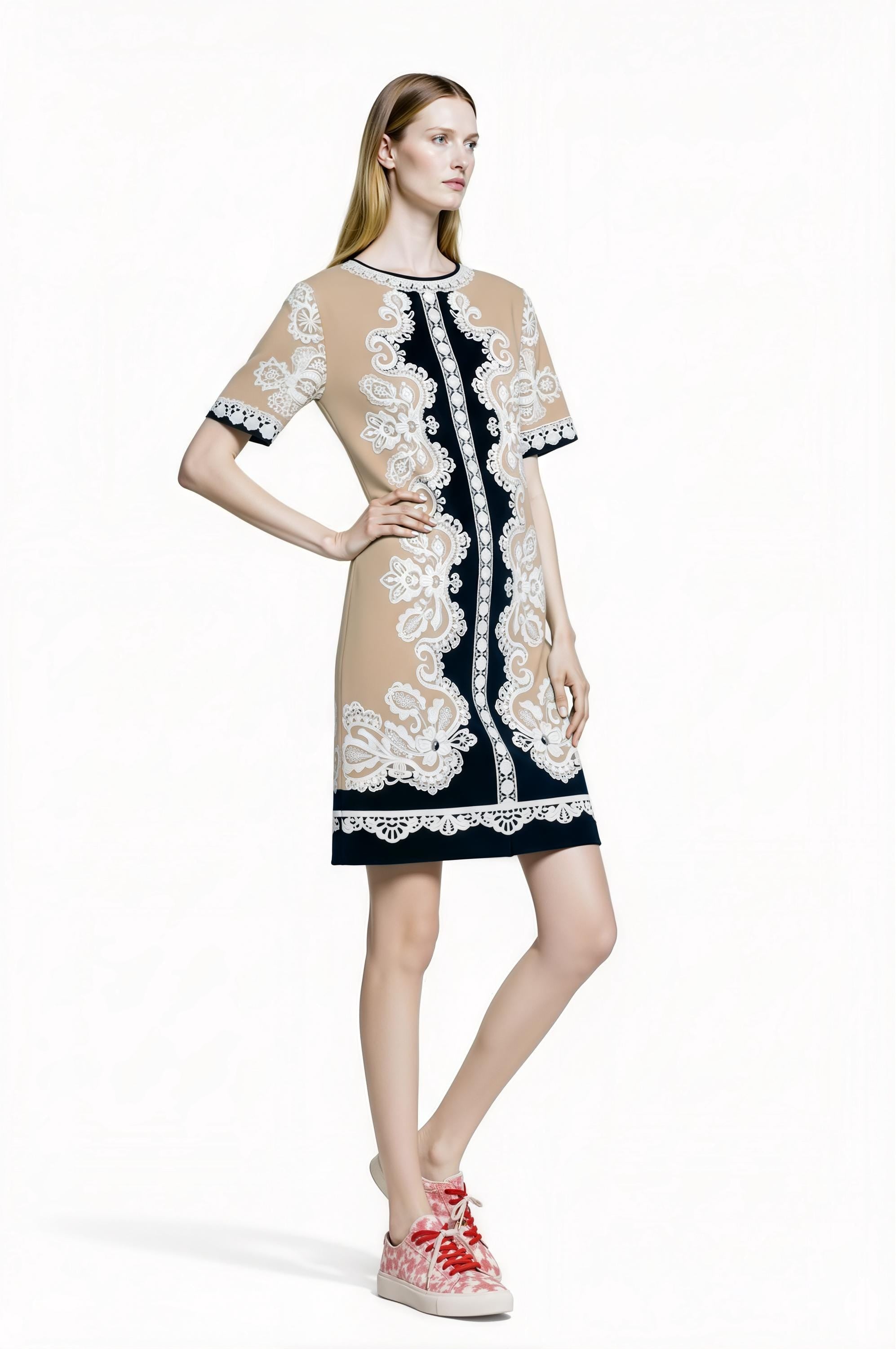 Apple Green Scarf Print T-Shirt Dress, Relaxed Fit Mini, Drop Shoulder Summer Outfit