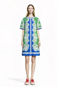 Apple Green Scarf Print T-Shirt Dress, Relaxed Fit Mini, Drop Shoulder Summer Outfit