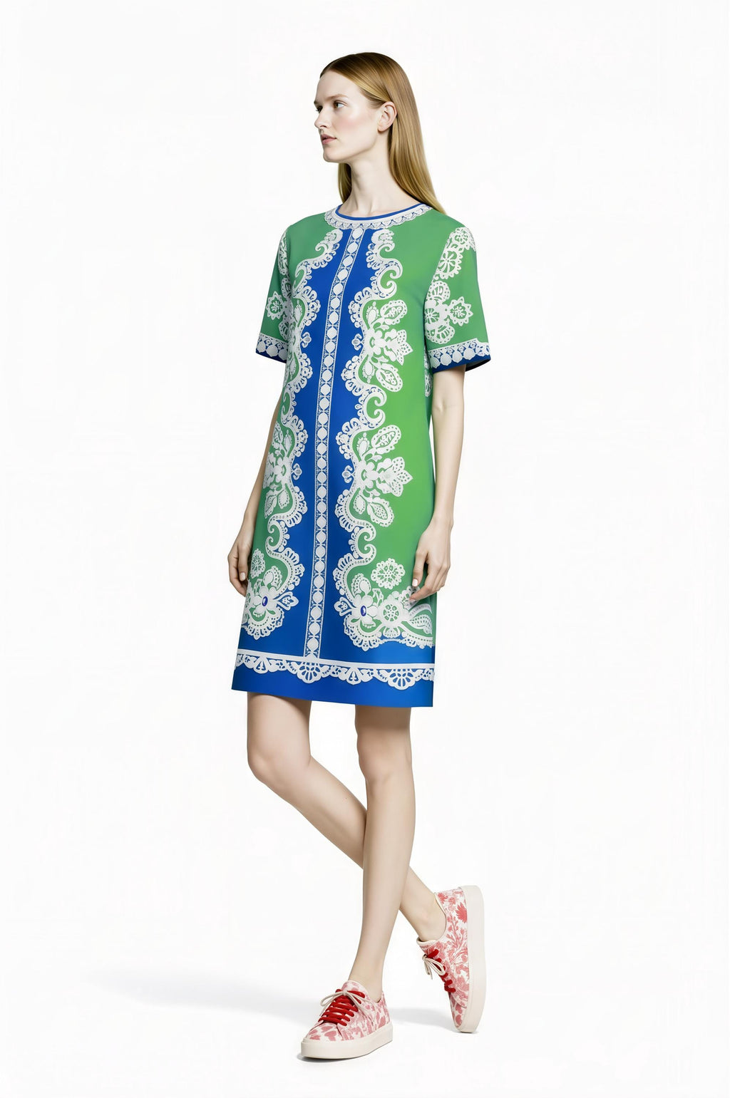 Apple Green Scarf Print T-Shirt Dress, Relaxed Fit Mini, Drop Shoulder Summer Outfit