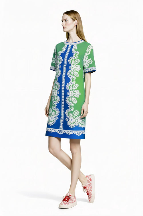 Apple Green Scarf Print T-Shirt Dress, Relaxed Fit Mini, Drop Shoulder Summer Outfit