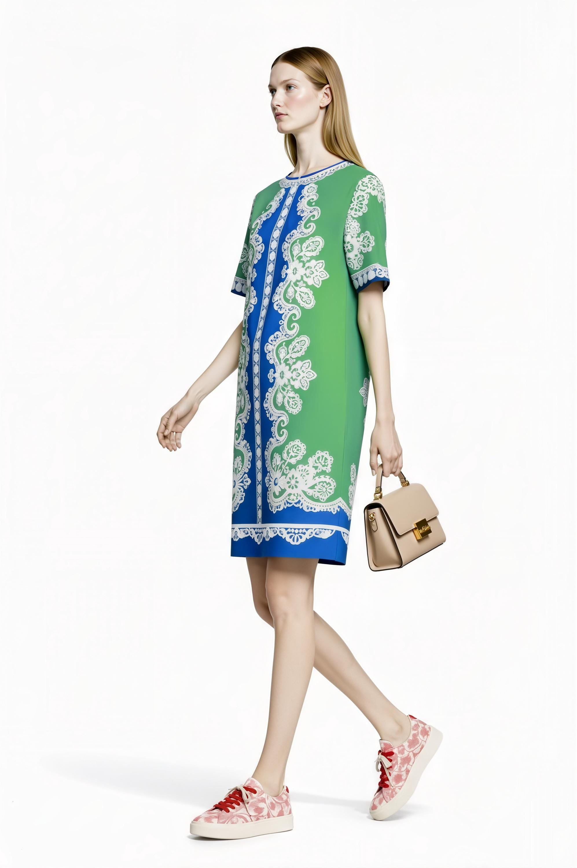 Apple Green Scarf Print T-Shirt Dress, Relaxed Fit Mini, Drop Shoulder Summer Outfit