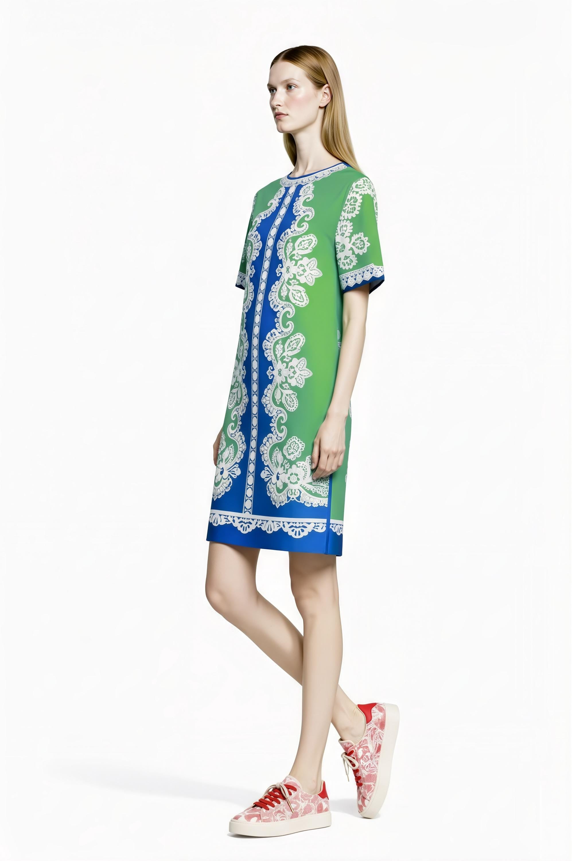 Apple Green Scarf Print T-Shirt Dress, Relaxed Fit Mini, Drop Shoulder Summer Outfit