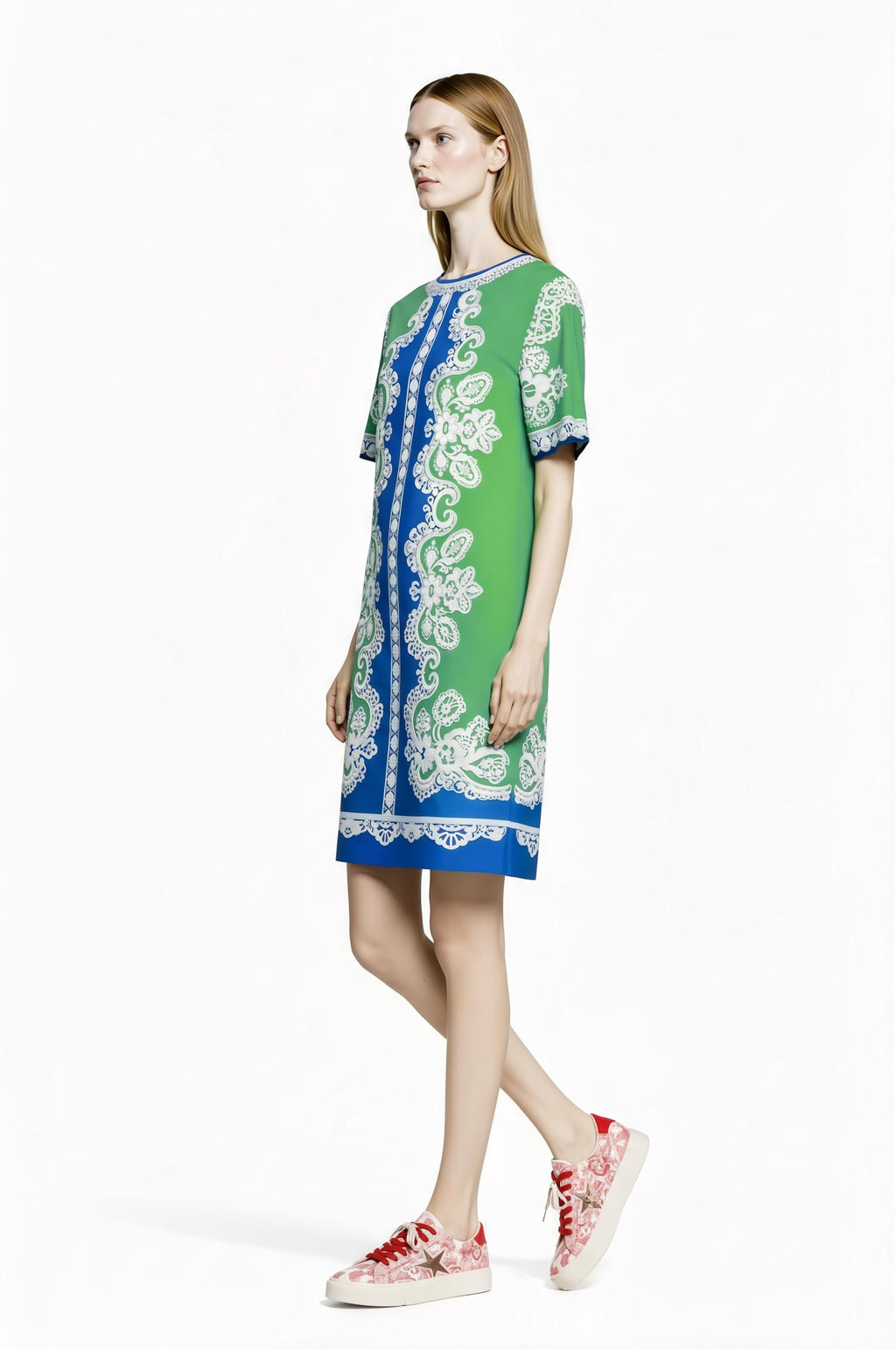 Apple Green Scarf Print T-Shirt Dress, Relaxed Fit Mini, Drop Shoulder Summer Outfit