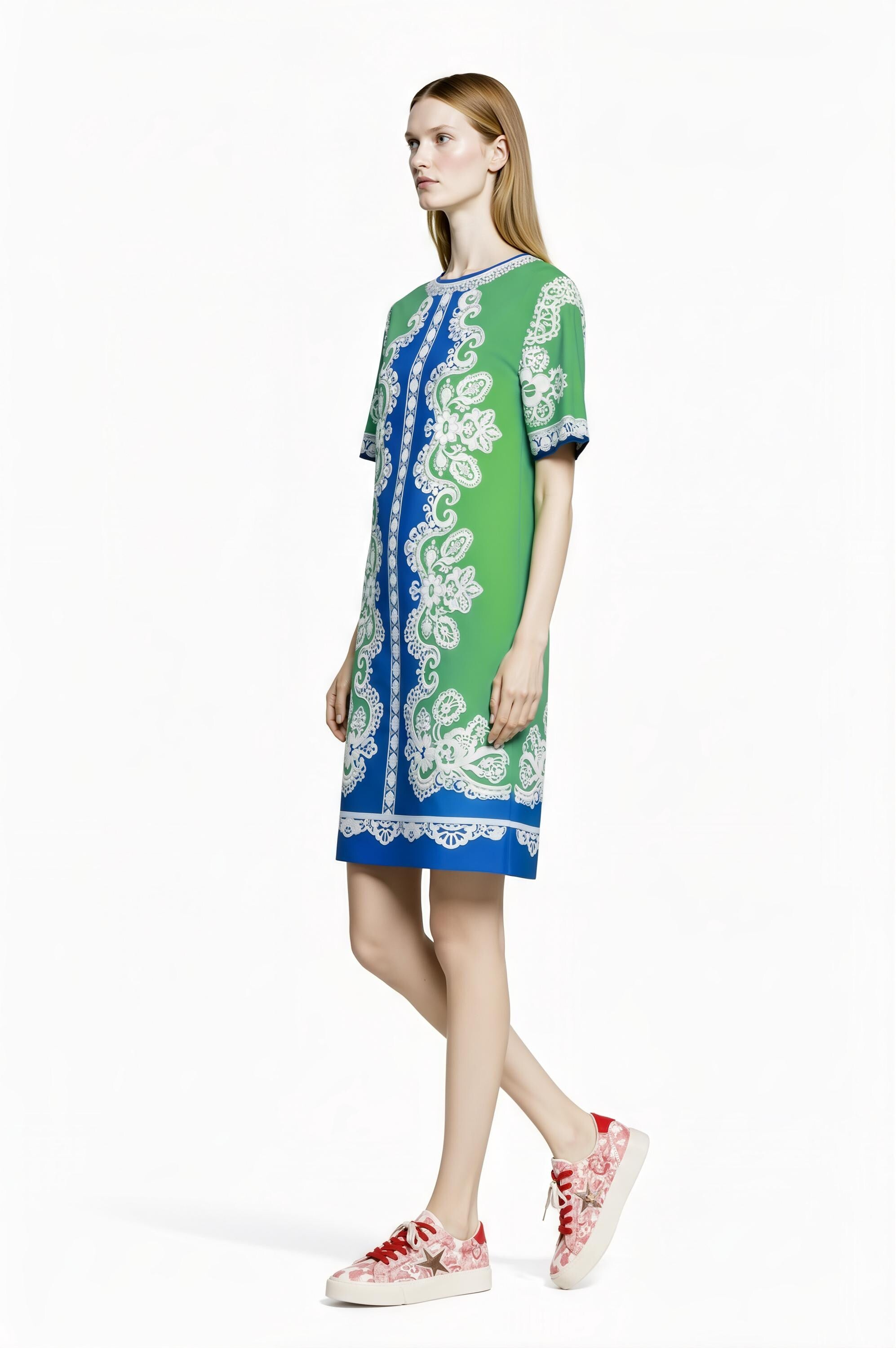 Apple Green Scarf Print T-Shirt Dress, Relaxed Fit Mini, Drop Shoulder Summer Outfit