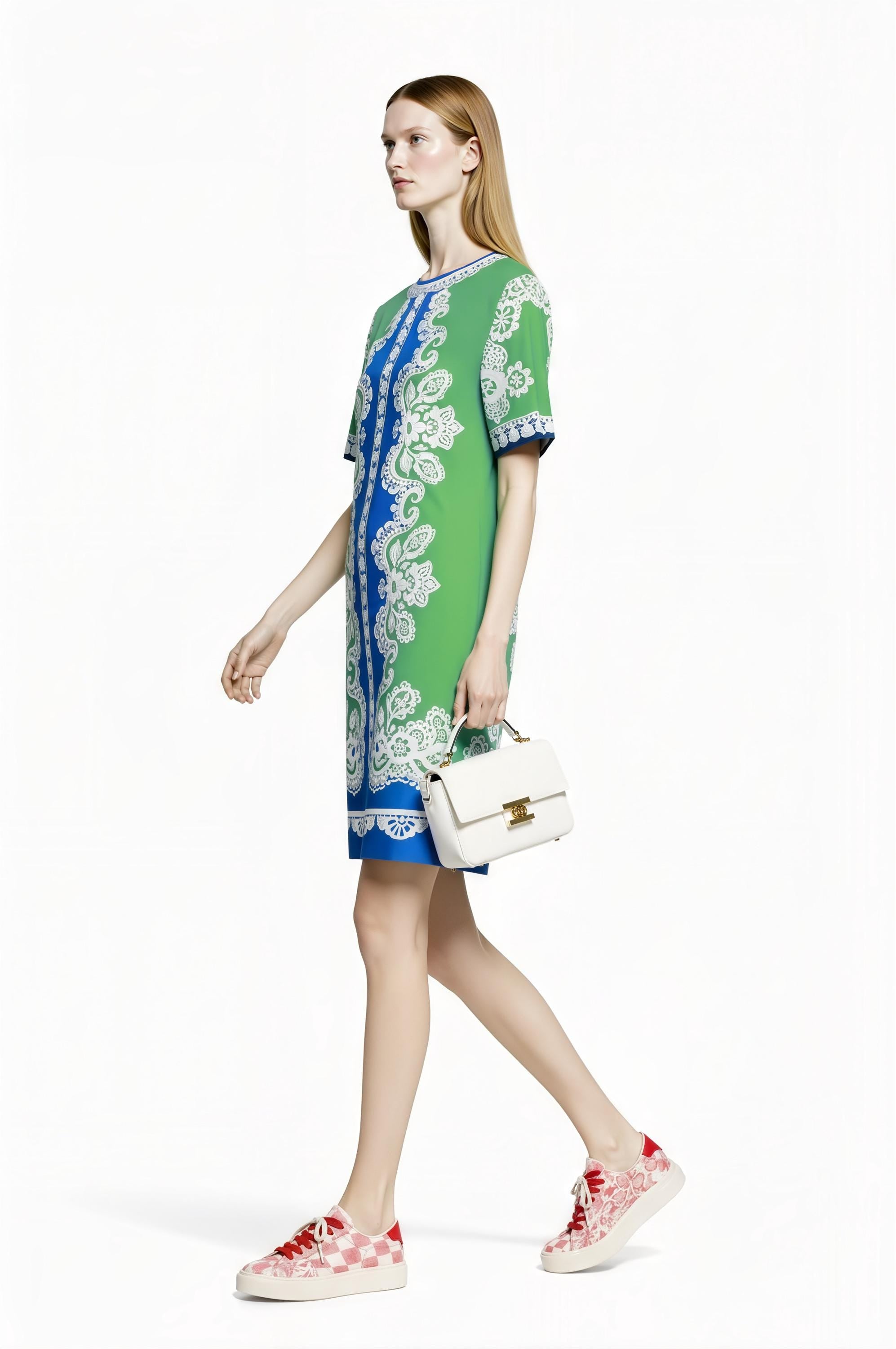 Apple Green Scarf Print T-Shirt Dress, Relaxed Fit Mini, Drop Shoulder Summer Outfit