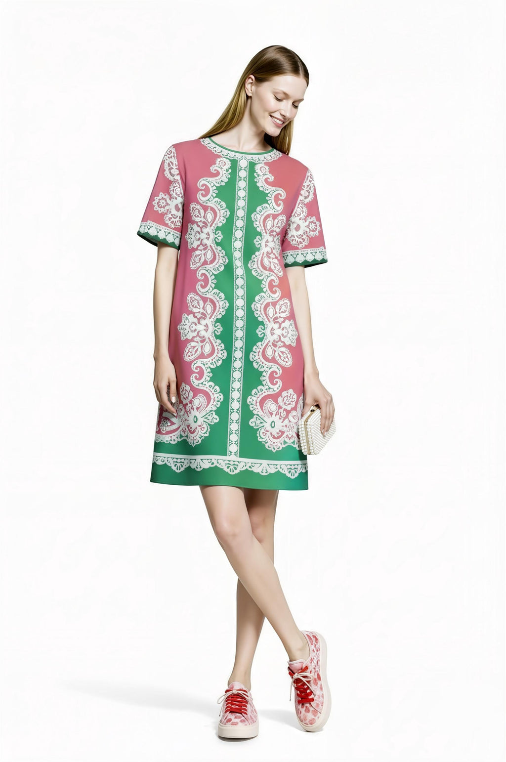 Apple Green Scarf Print T-Shirt Dress, Relaxed Fit Mini, Drop Shoulder Summer Outfit