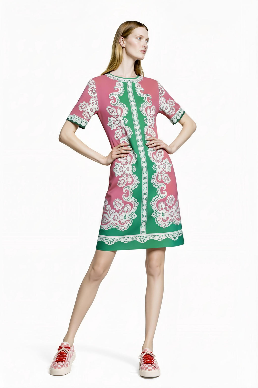 Apple Green Scarf Print T-Shirt Dress, Relaxed Fit Mini, Drop Shoulder Summer Outfit
