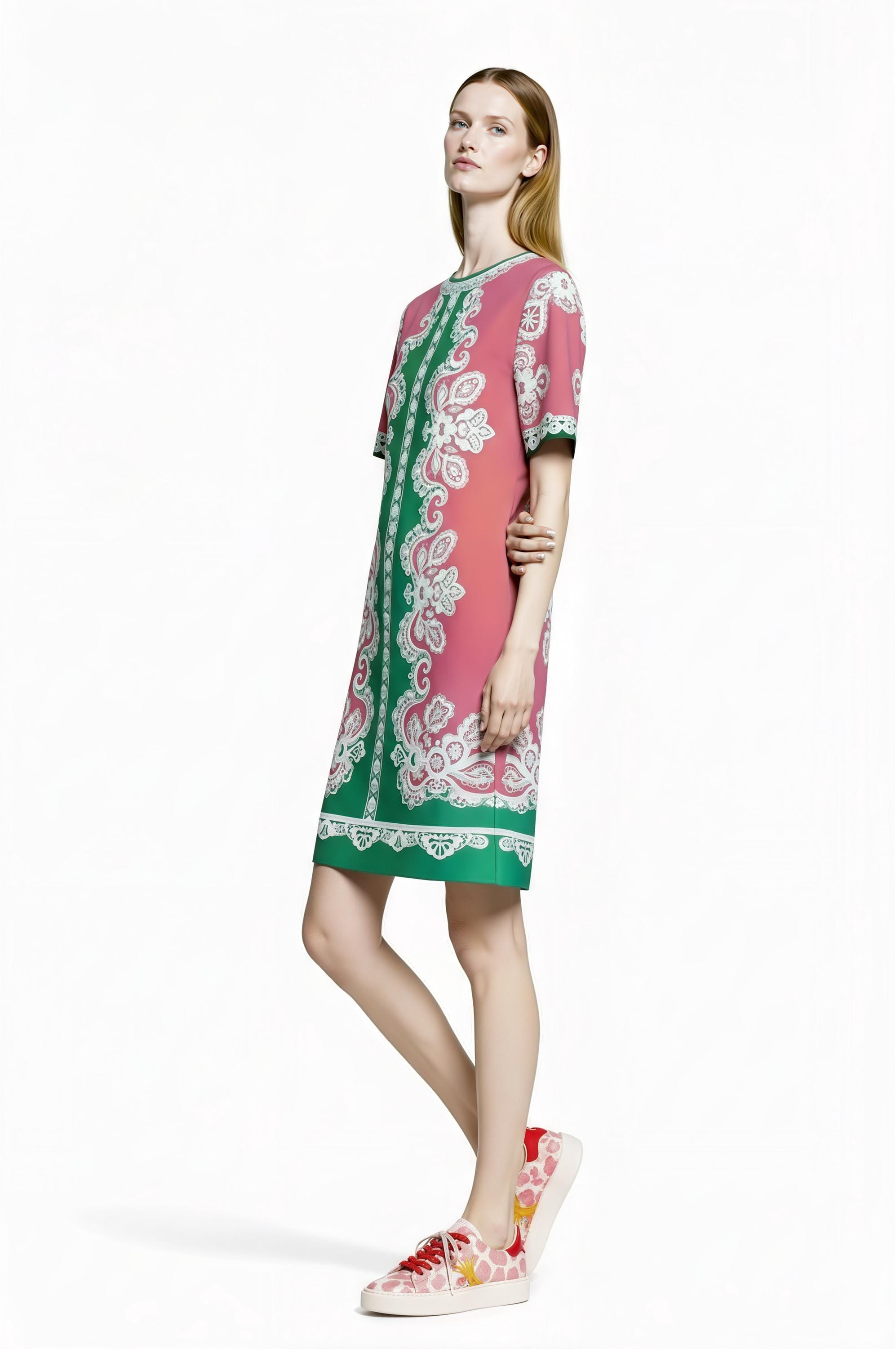 Apple Green Scarf Print T-Shirt Dress, Relaxed Fit Mini, Drop Shoulder Summer Outfit