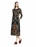 Black Botanical Print Midi Dress, Vintage Boho Long Sleeve, Elegant Border Design