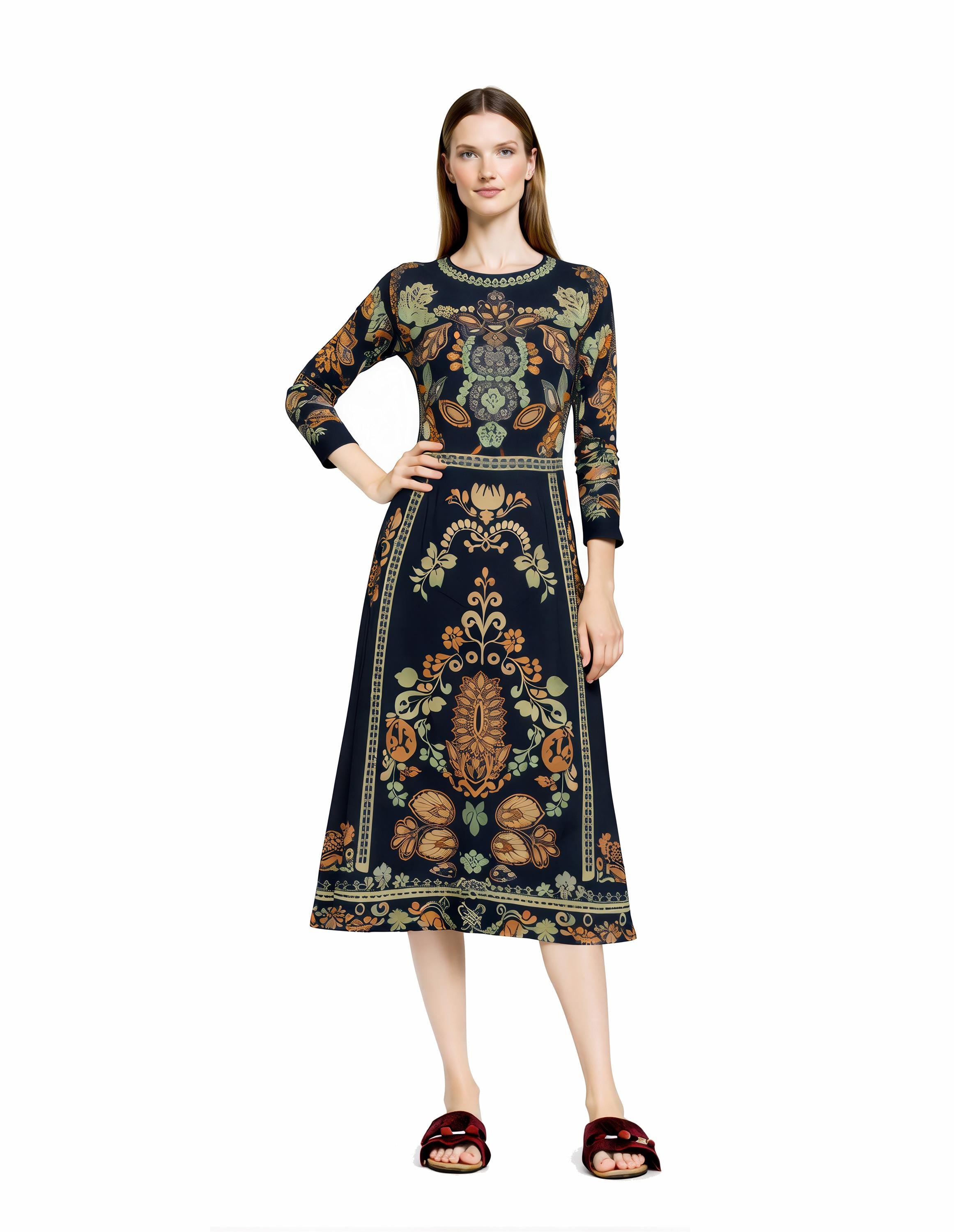 Black Botanical Print Midi Dress, Vintage Boho Long Sleeve, Elegant Border Design