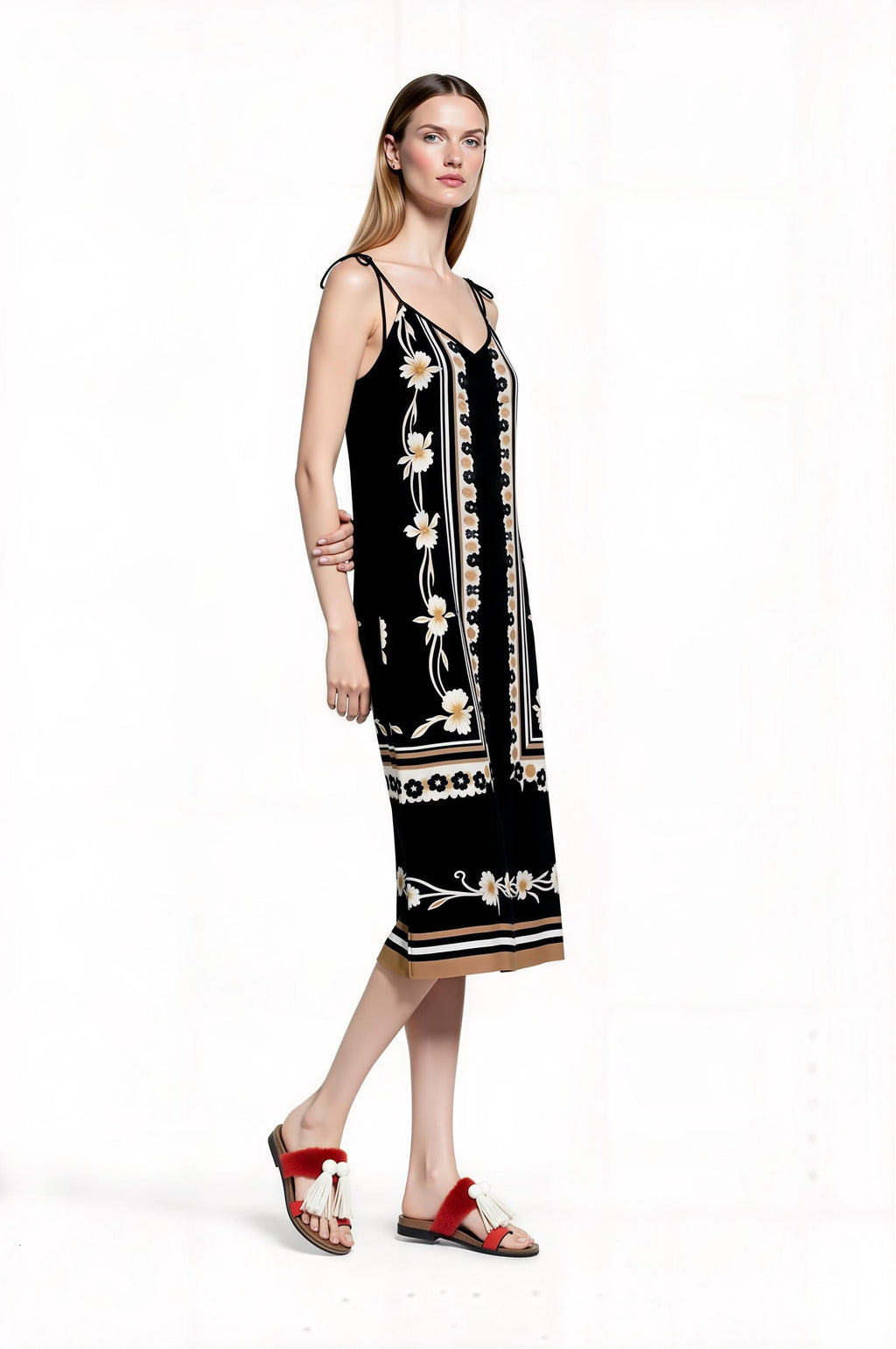 Black Floral Border Print Midi Slip Dress with Adjustable Tie Straps