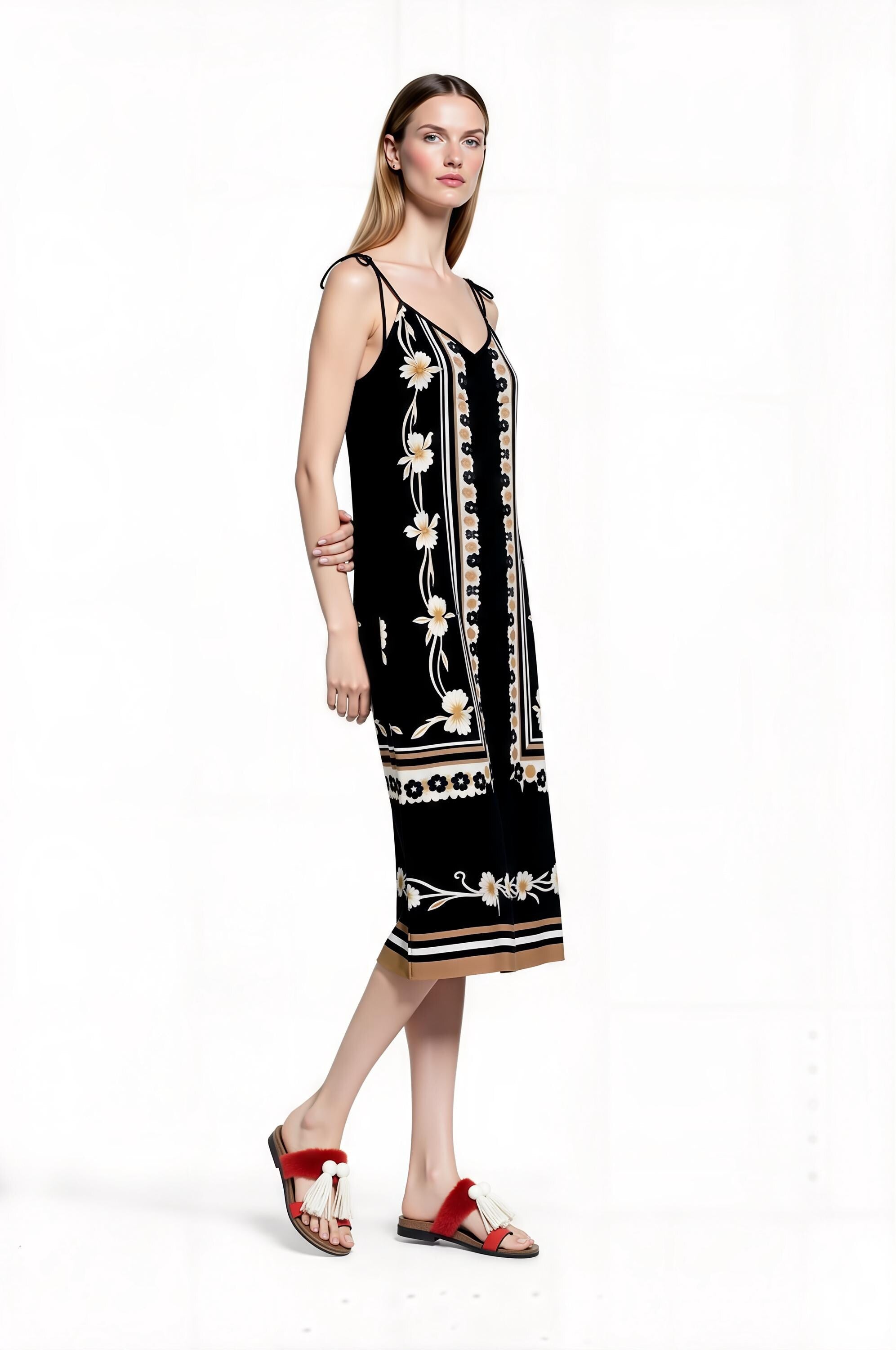Black Floral Border Print Midi Slip Dress with Adjustable Tie Straps