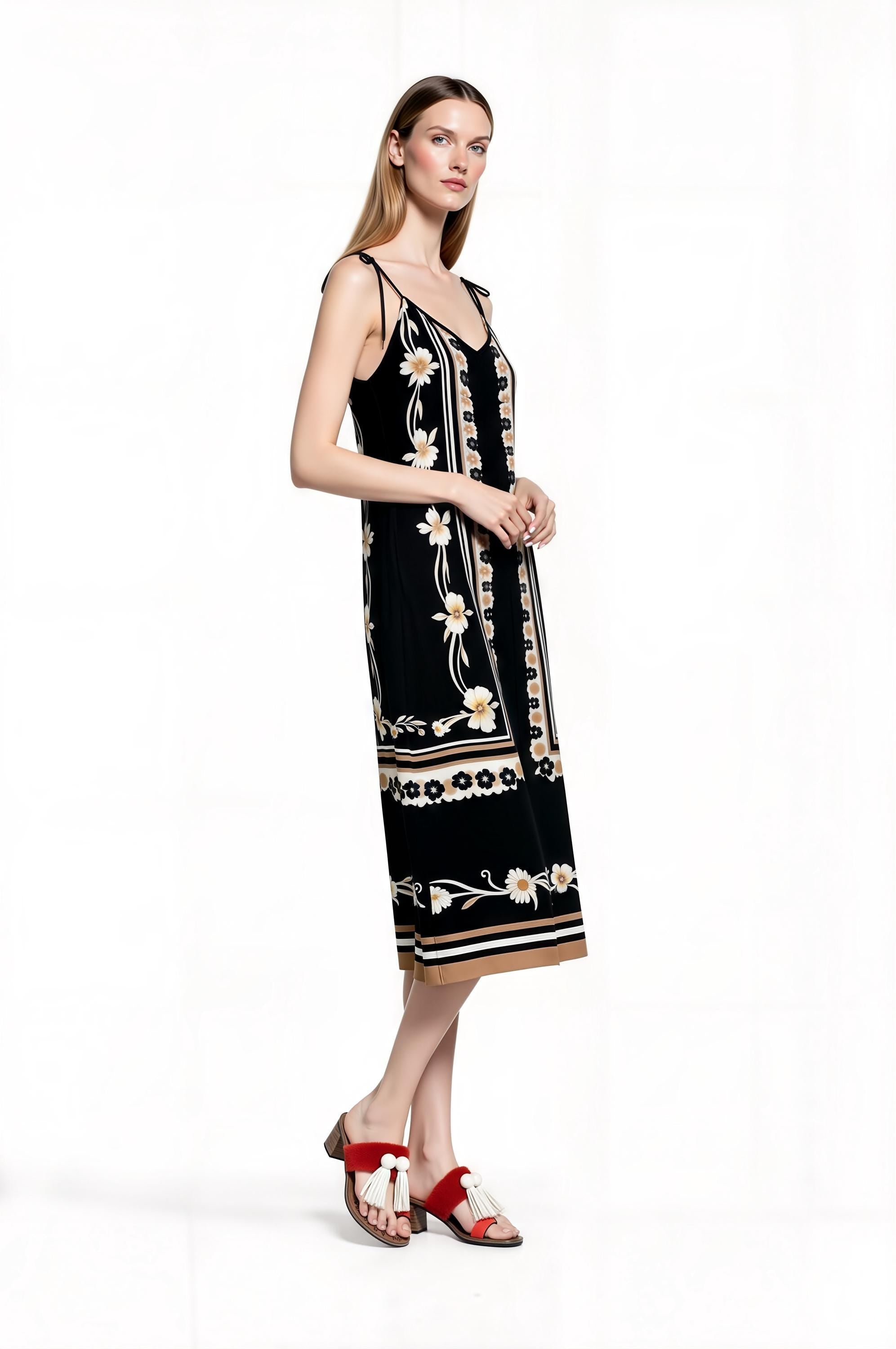 Black Floral Border Print Midi Slip Dress with Adjustable Tie Straps