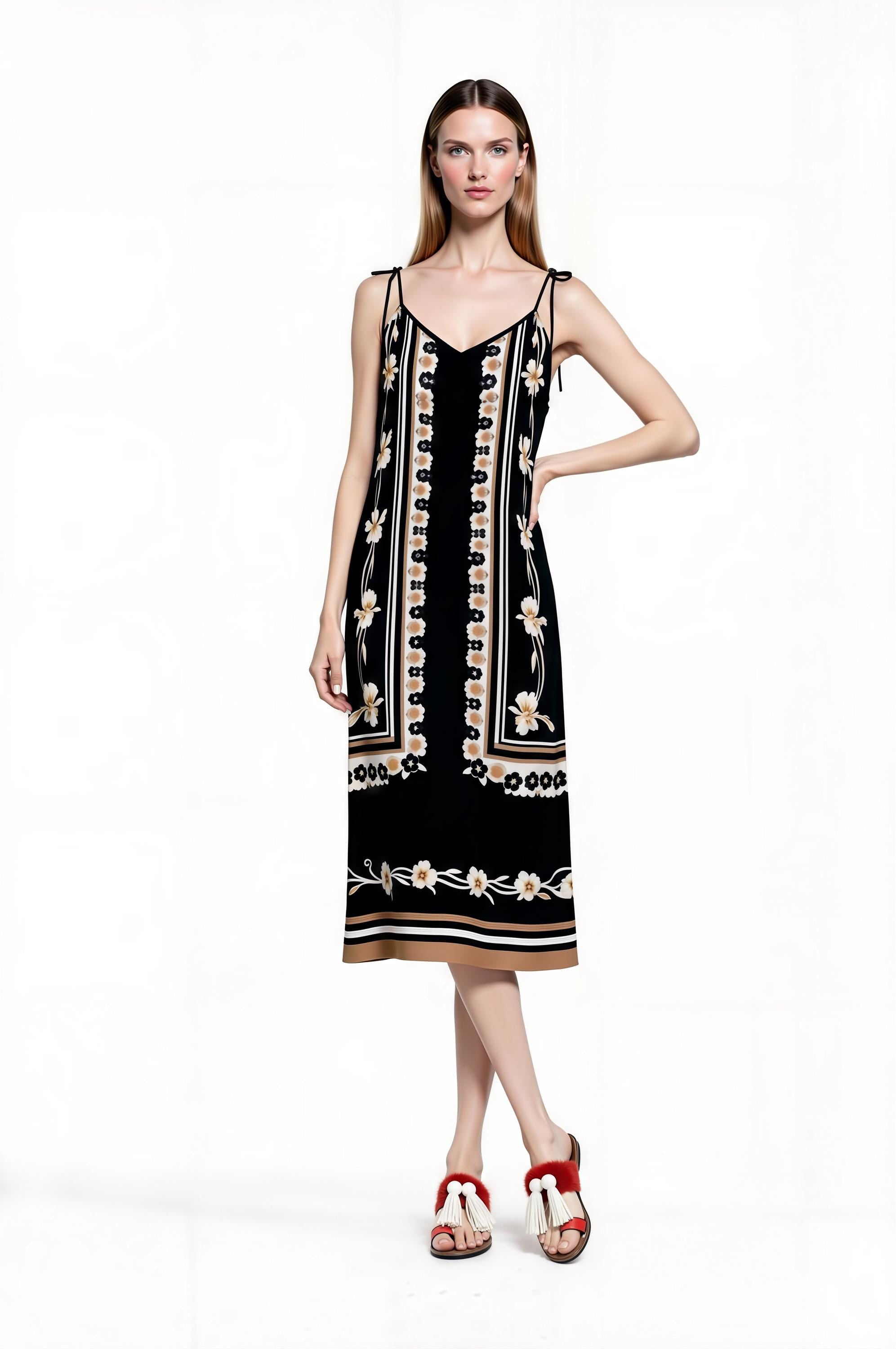 Black Floral Border Print Midi Slip Dress with Adjustable Tie Straps