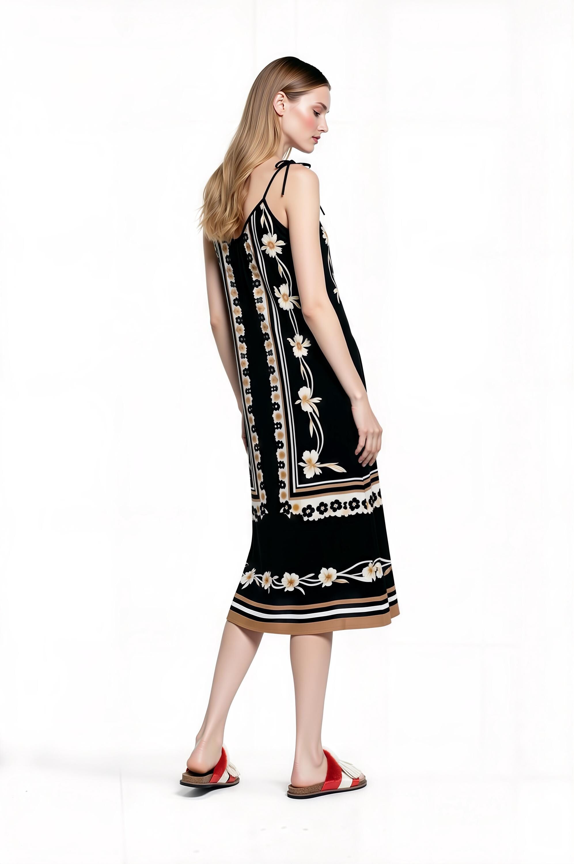 Black Floral Border Print Midi Slip Dress with Adjustable Tie Straps