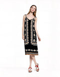 Black Floral Border Print Midi Slip Dress with Adjustable Tie Straps