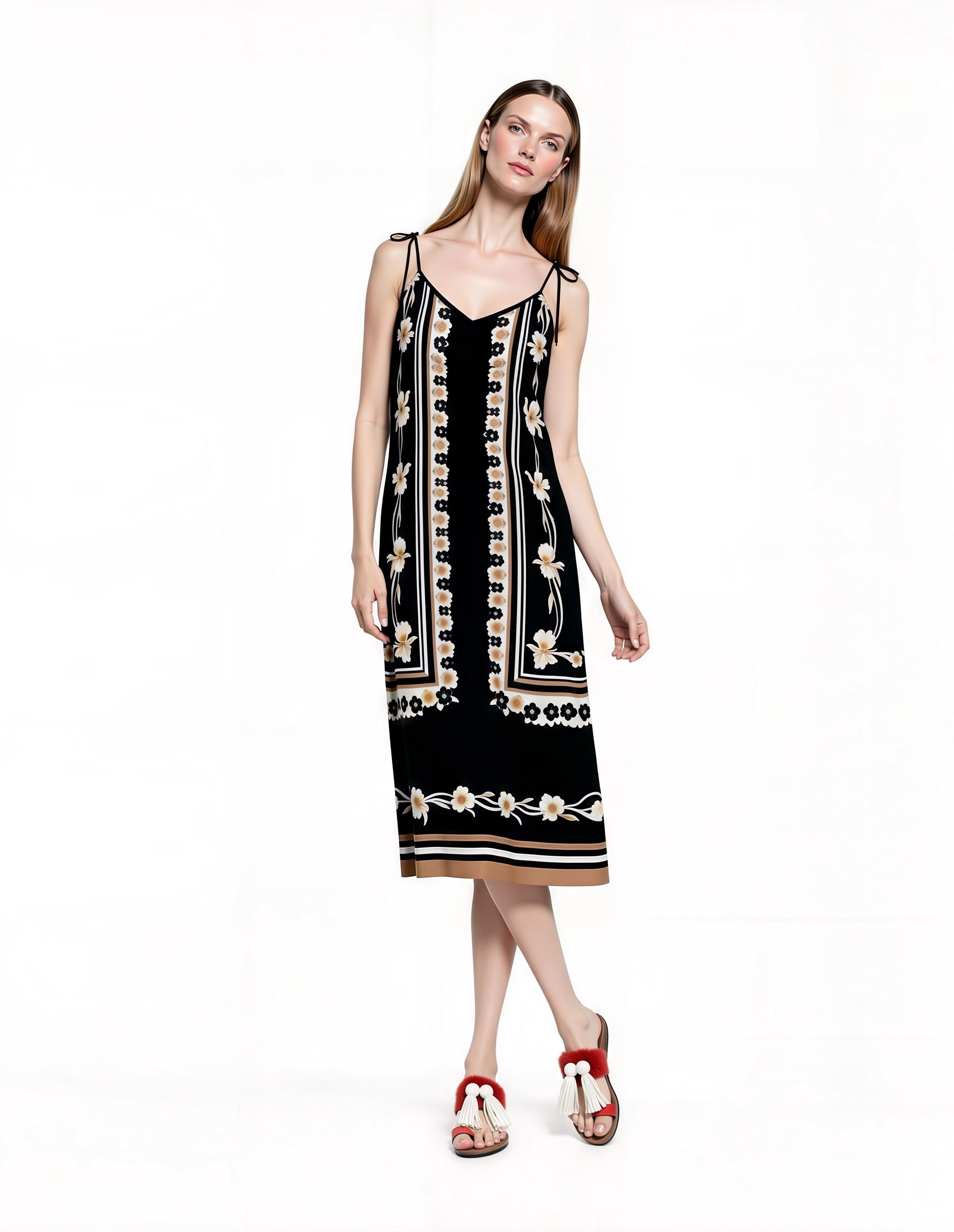Black Floral Border Print Midi Slip Dress with Adjustable Tie Straps