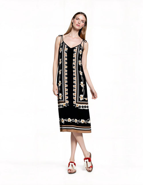 Black Floral Border Print Midi Slip Dress with Adjustable Tie Straps