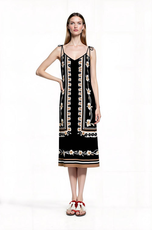 Black Floral Border Print Midi Slip Dress with Adjustable Tie Straps
