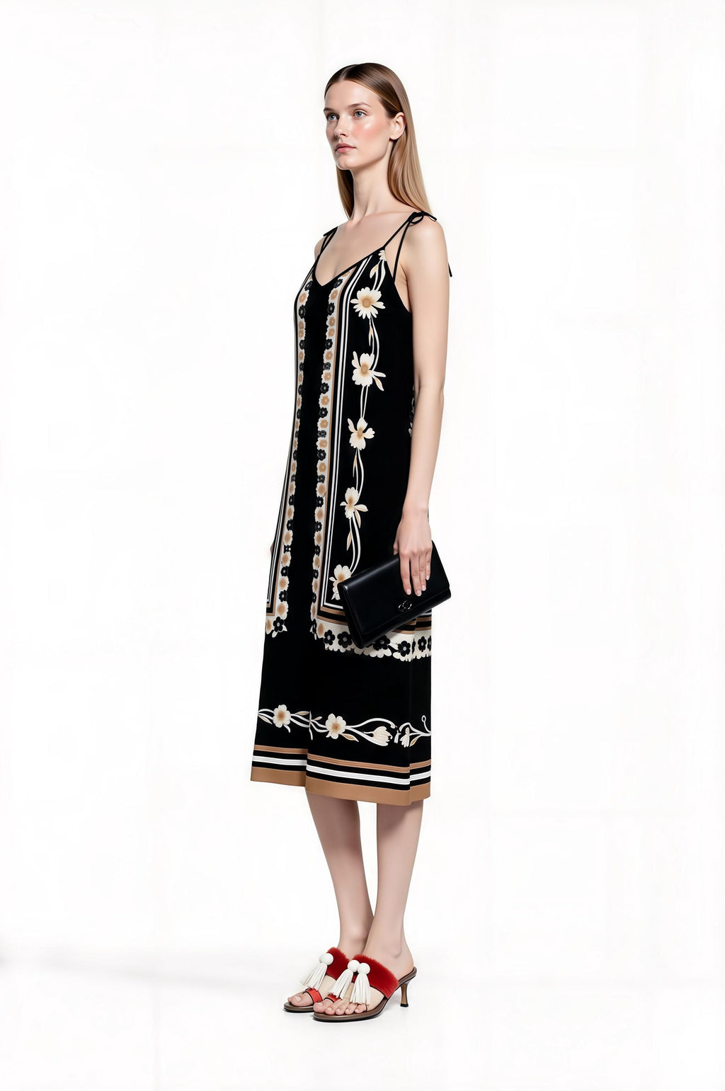Black Floral Border Print Midi Slip Dress with Adjustable Tie Straps