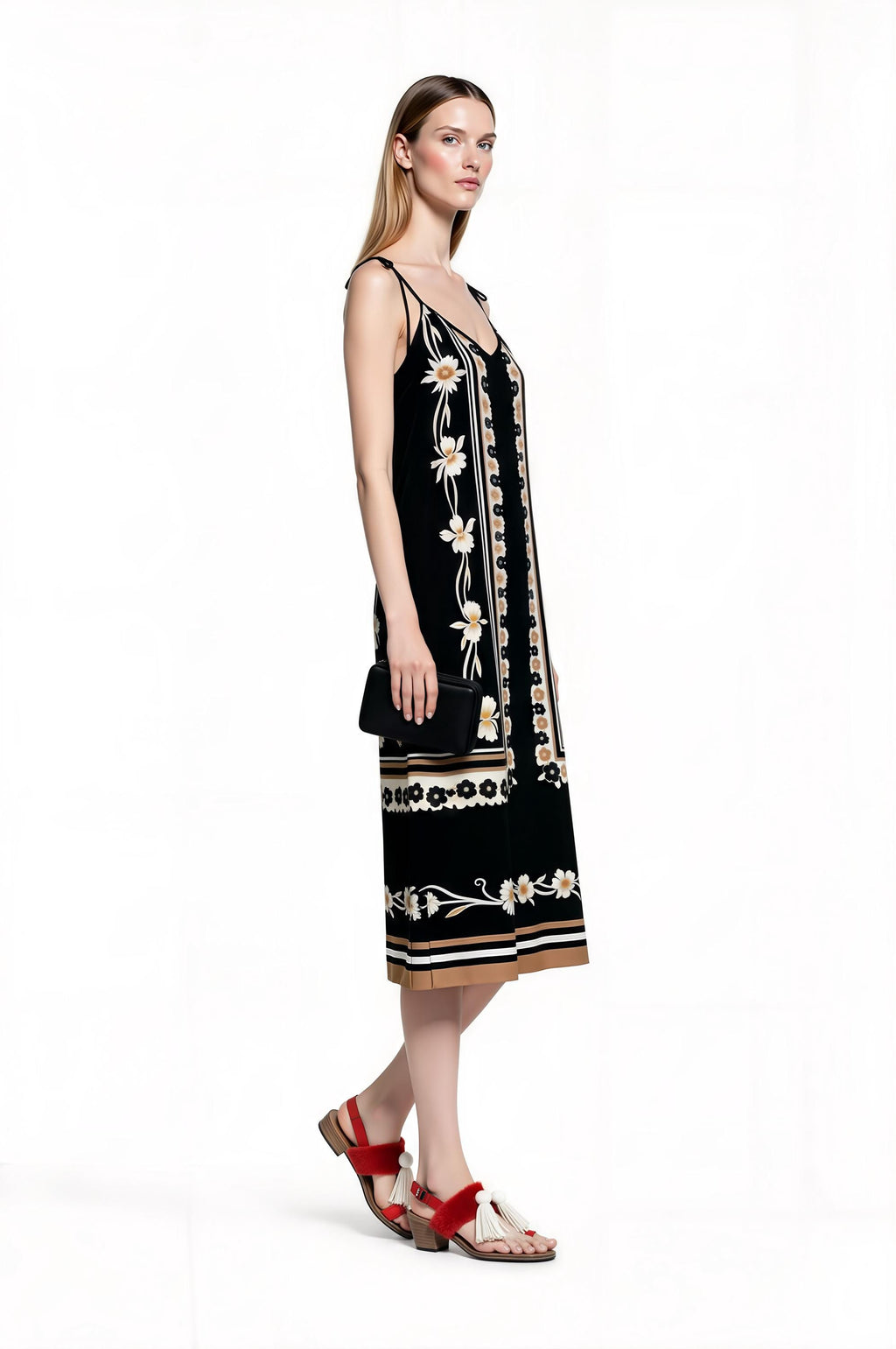 Black Floral Border Print Midi Slip Dress with Adjustable Tie Straps