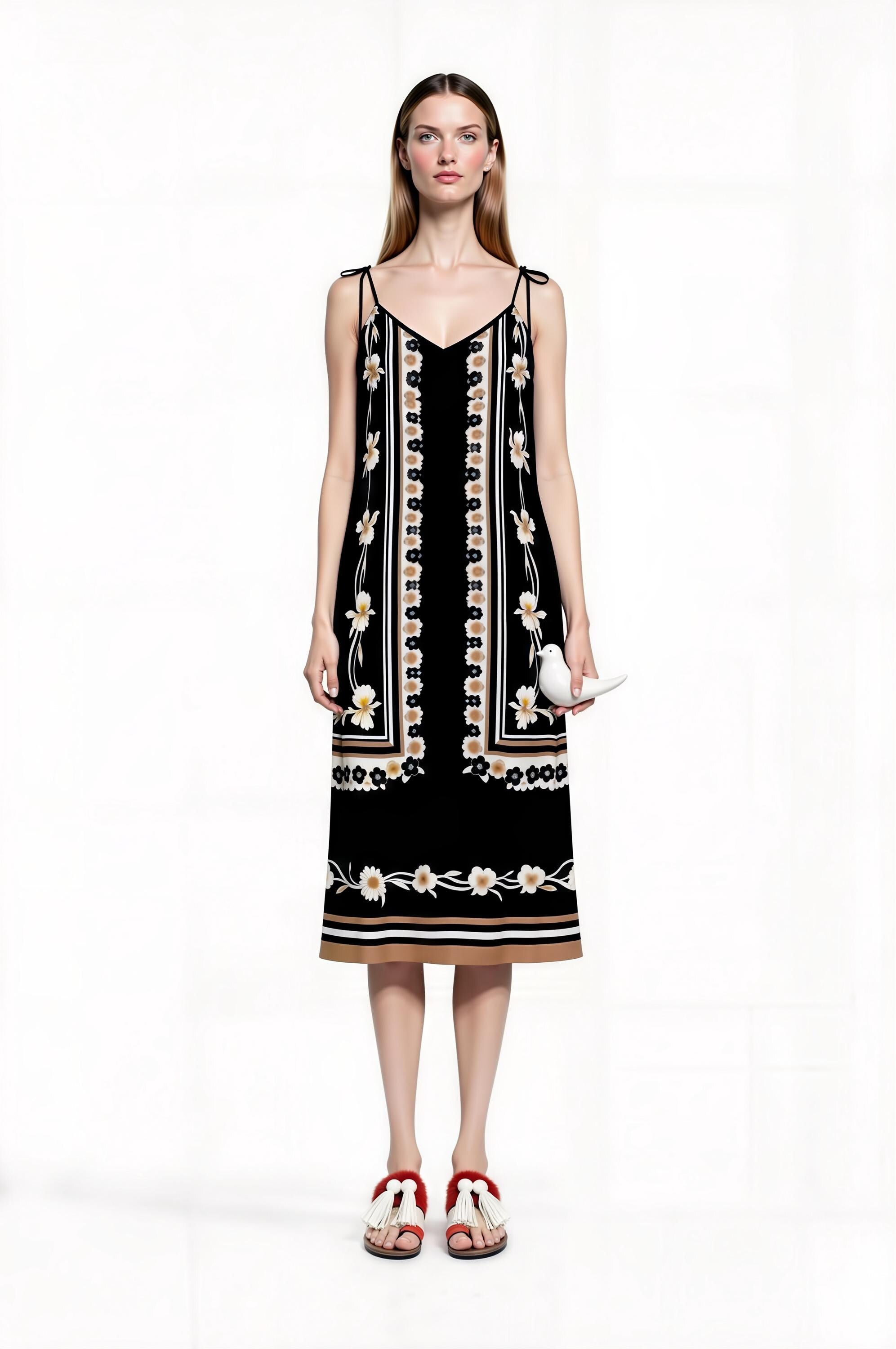 Black Floral Border Print Midi Slip Dress with Adjustable Tie Straps