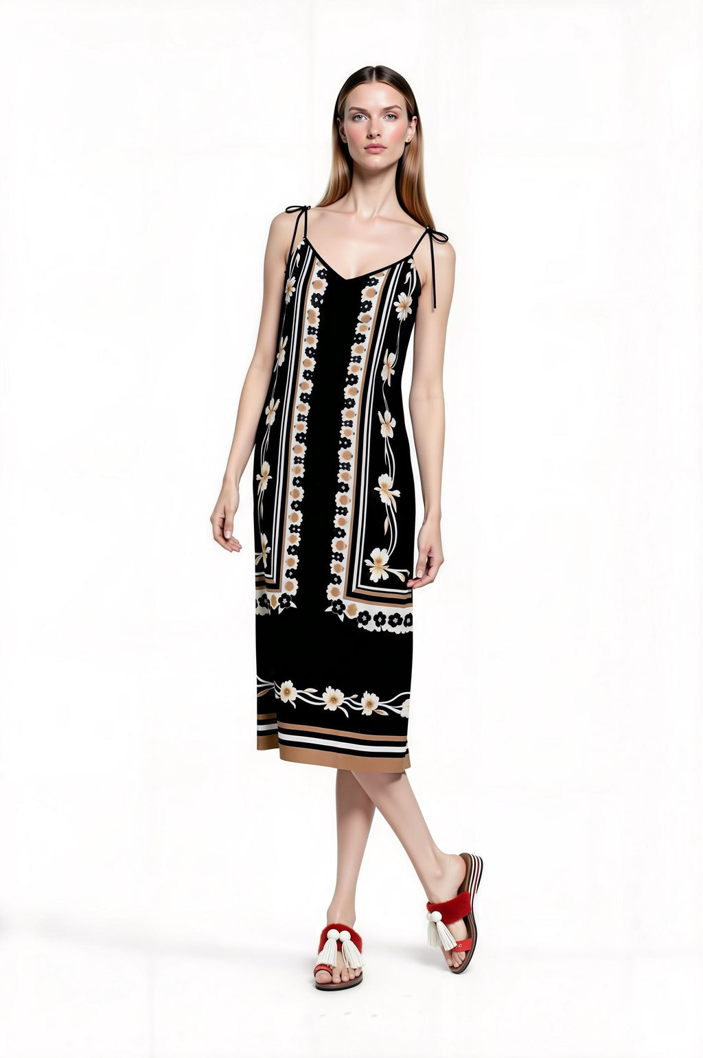 Black Floral Border Print Midi Slip Dress with Adjustable Tie Straps