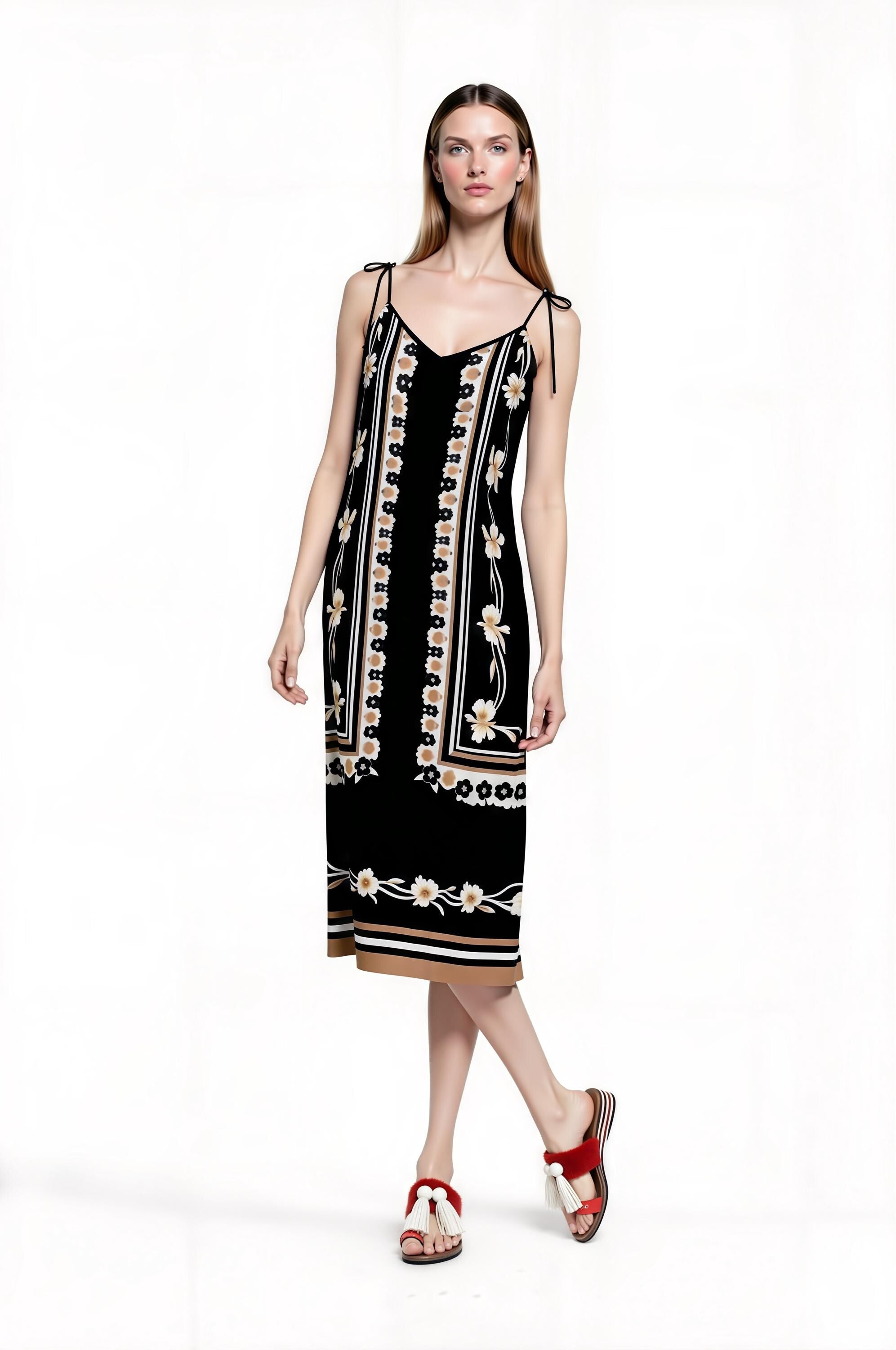 Black Floral Border Print Midi Slip Dress with Adjustable Tie Straps