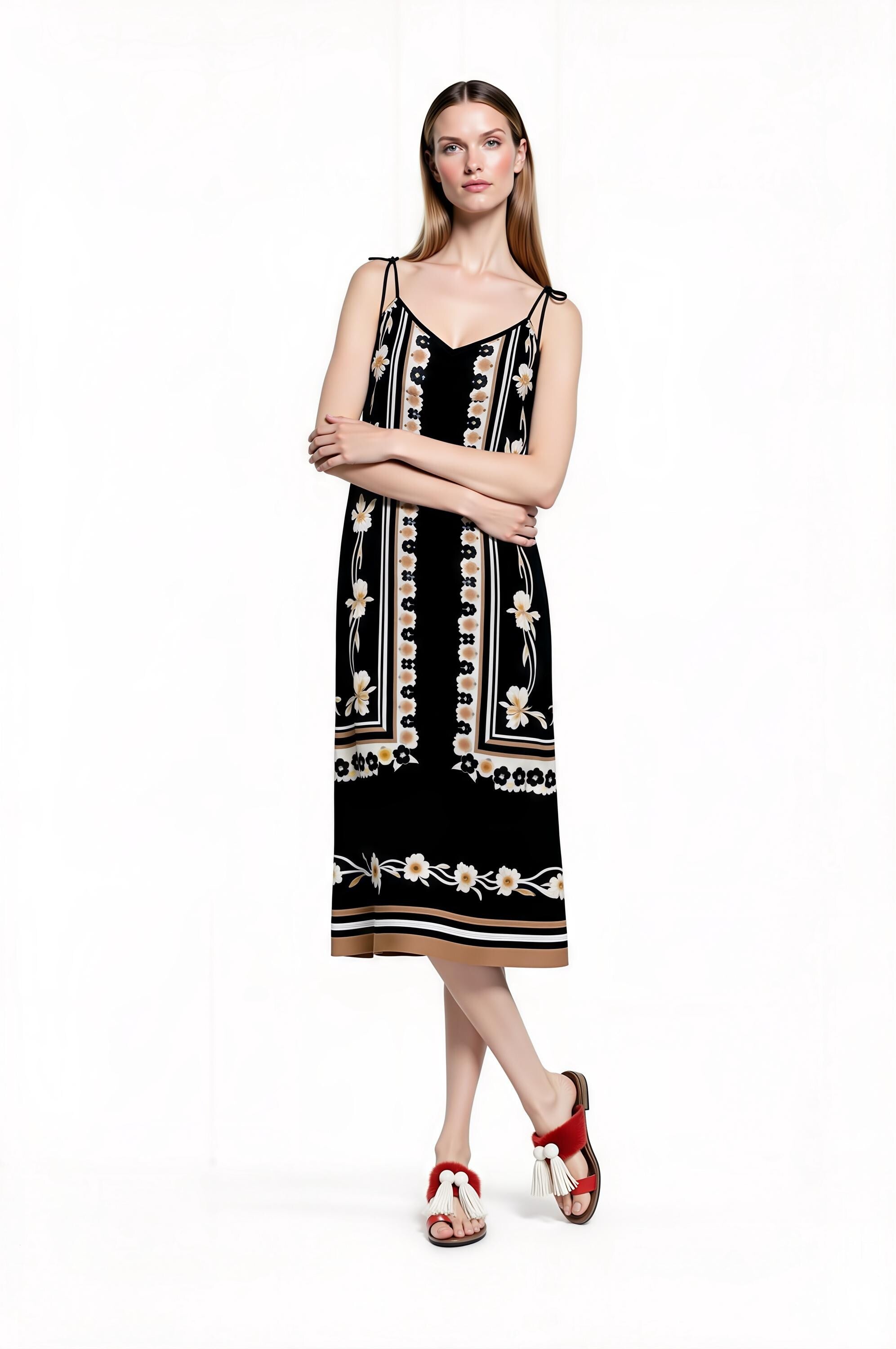 Black Floral Border Print Midi Slip Dress with Adjustable Tie Straps