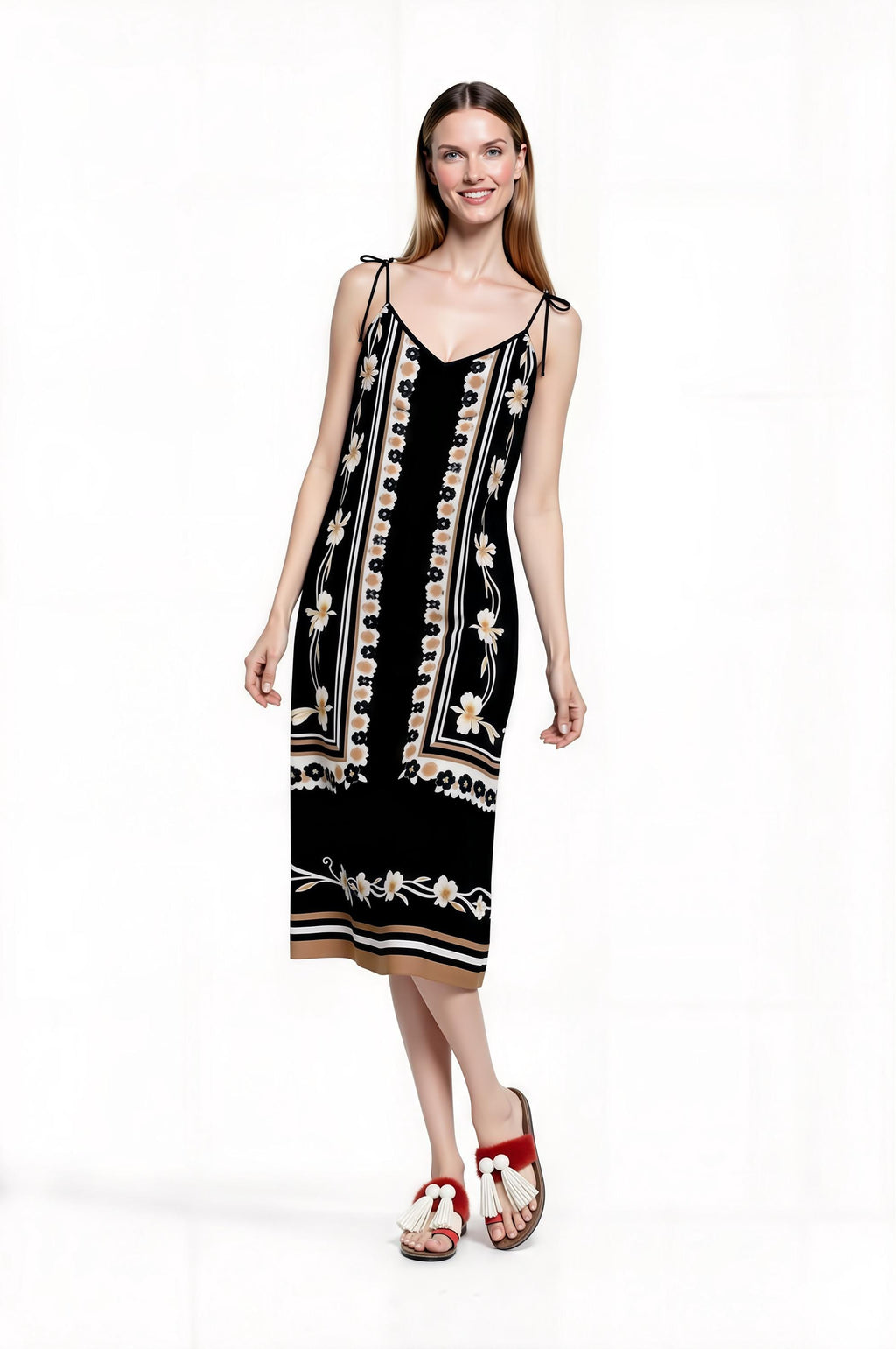 Black Floral Border Print Midi Slip Dress with Adjustable Tie Straps