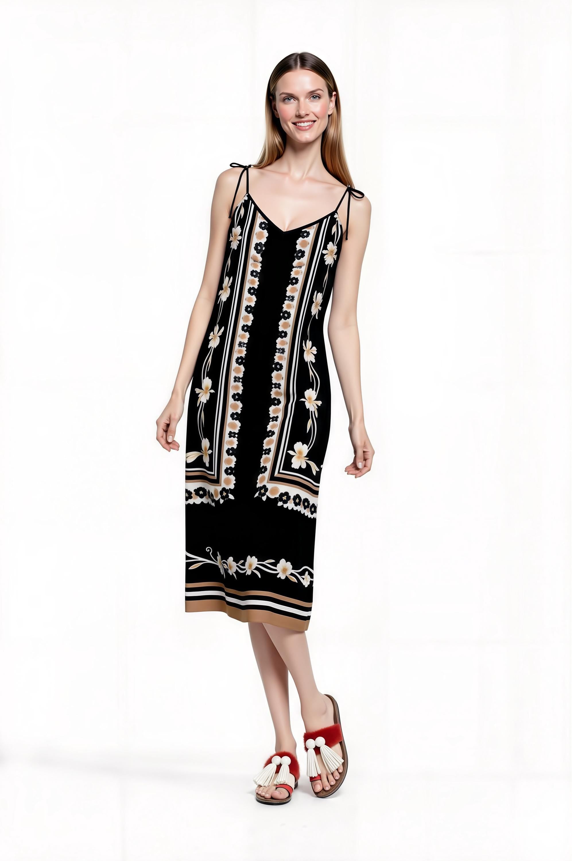 Black Floral Border Print Midi Slip Dress with Adjustable Tie Straps