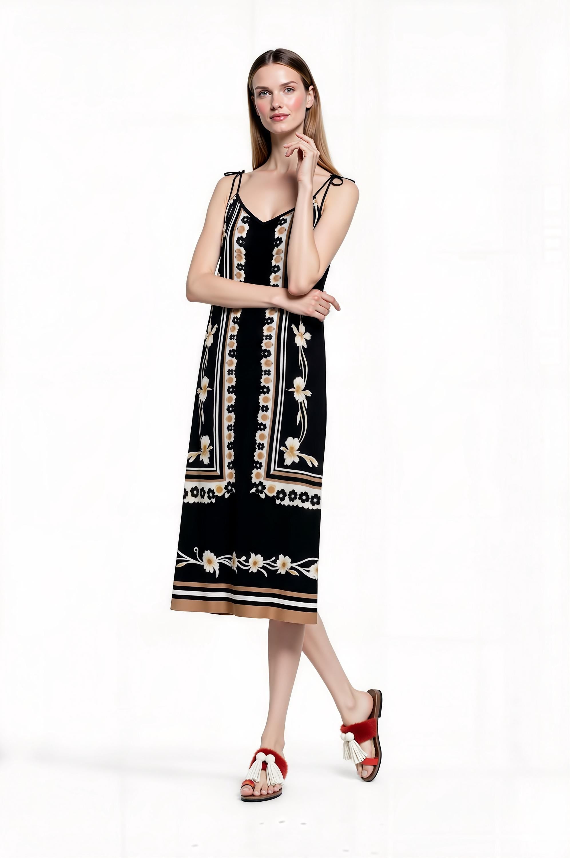 Black Floral Border Print Midi Slip Dress with Adjustable Tie Straps
