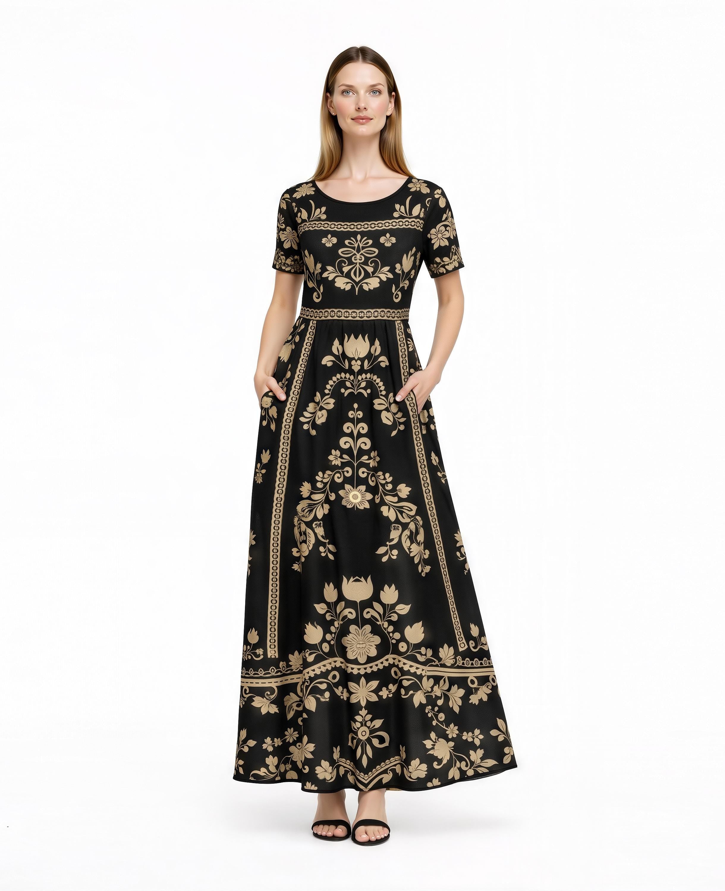 Black Floral Maxi Dress, Short Sleeve Boho Cottagecore Outfit