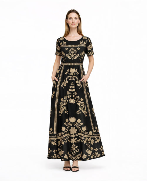 Black Floral Maxi Dress, Short Sleeve Boho Cottagecore Outfit