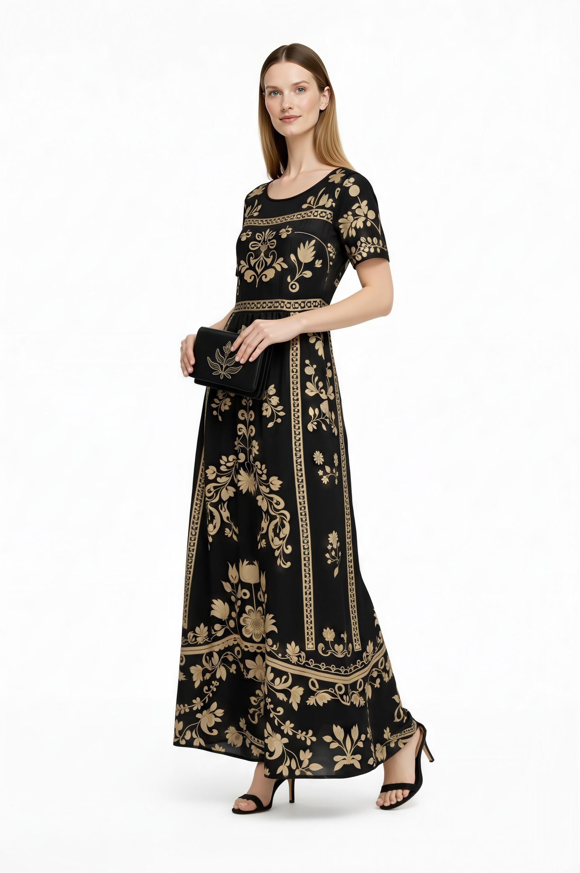 Black Floral Maxi Dress, Short Sleeve Boho Cottagecore Outfit