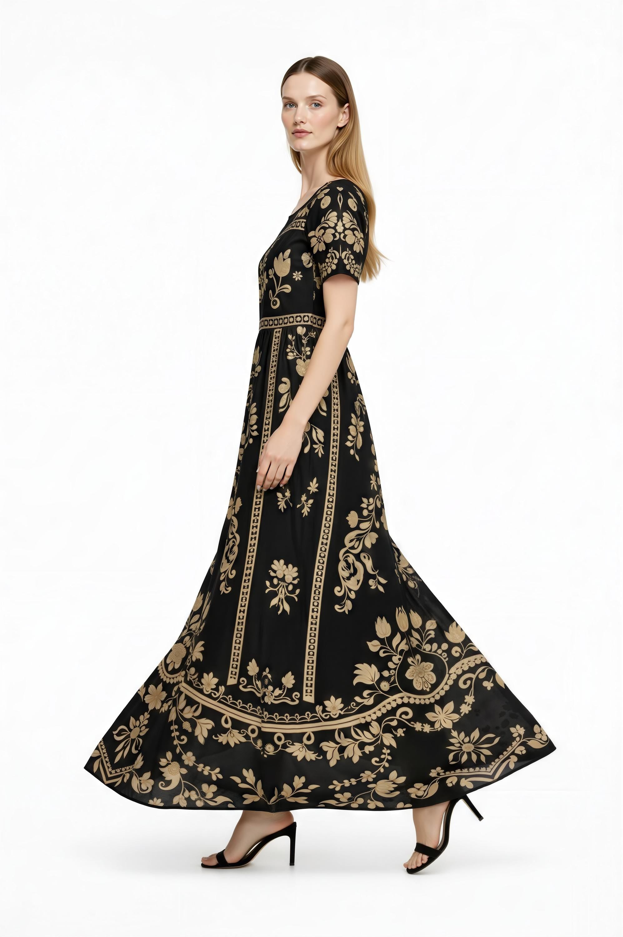 Black Floral Maxi Dress, Short Sleeve Boho Cottagecore Outfit