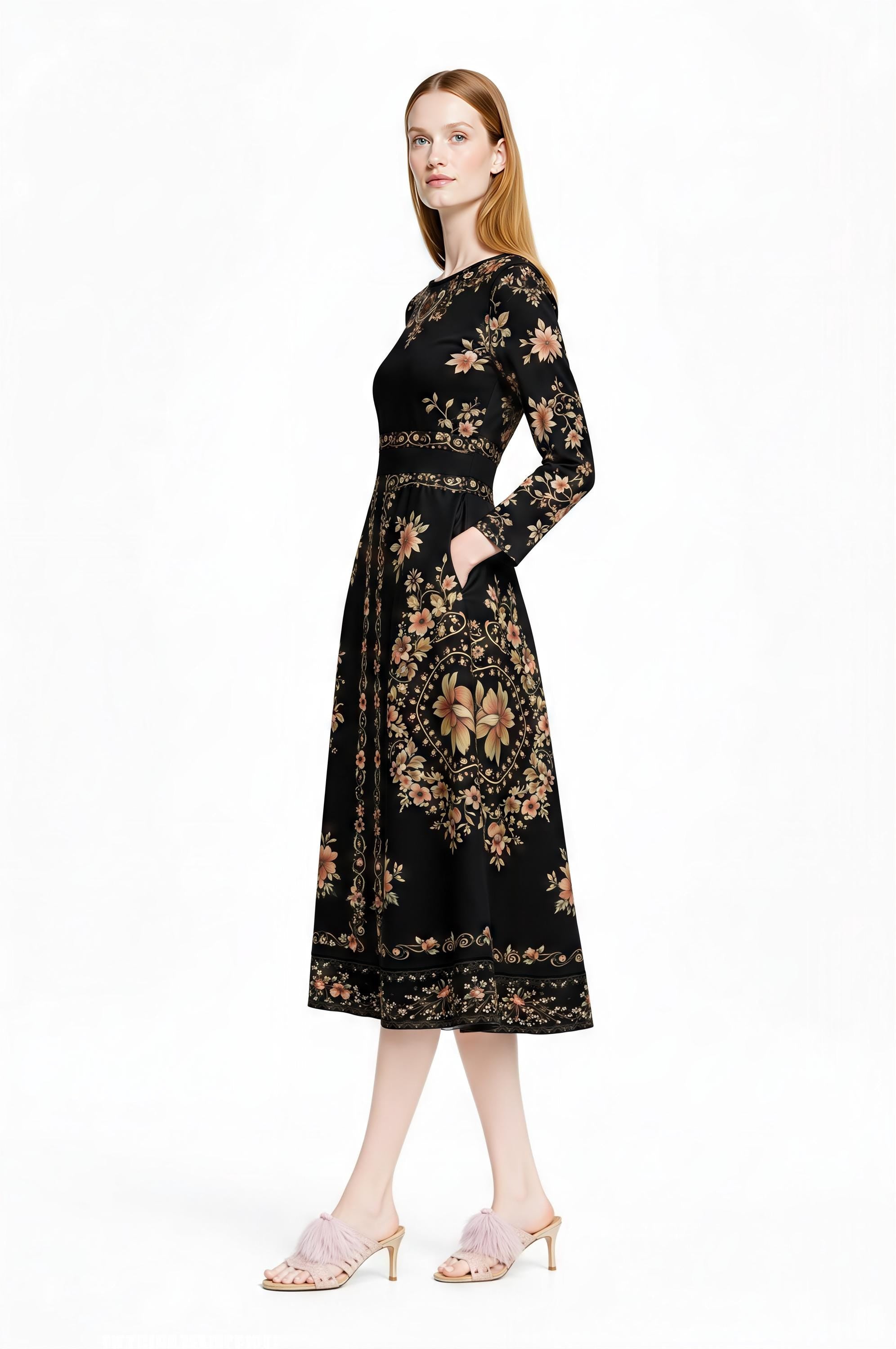 Black Floral Midi Dress, Long Sleeve Folk Print, Vintage Inspired Pockets