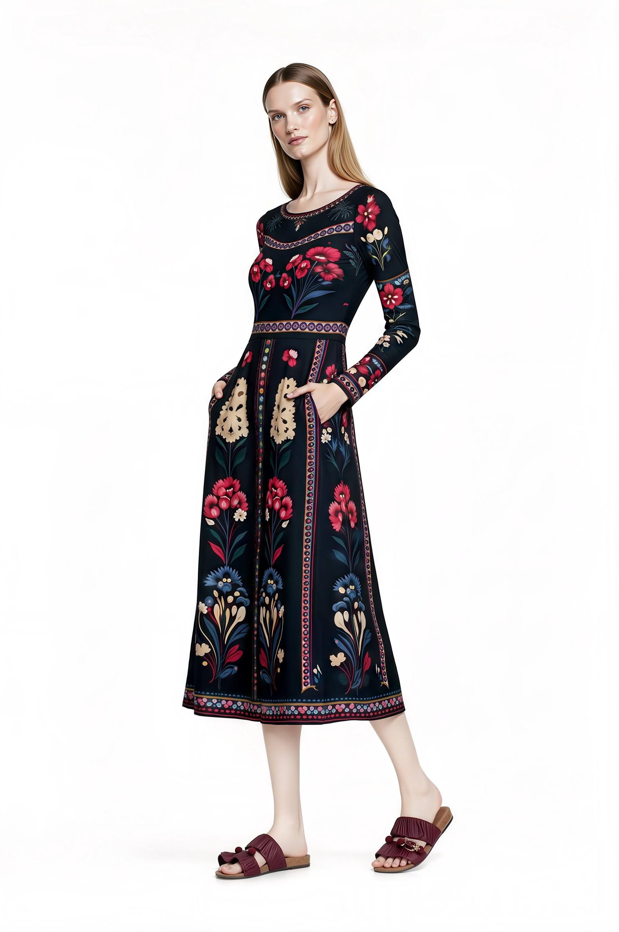 Black Floral Midi Dress with Long Sleeves and Side Pockets A-Line Silhouette