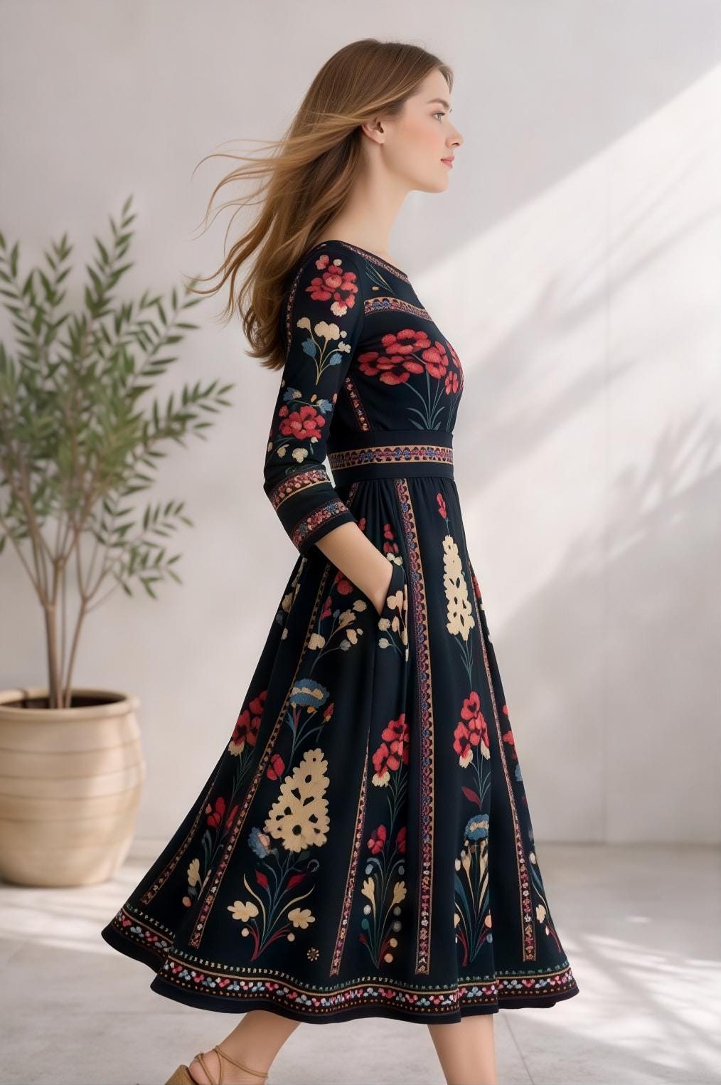 Black Floral Midi Dress with Long Sleeves and Side Pockets A-Line Silhouette
