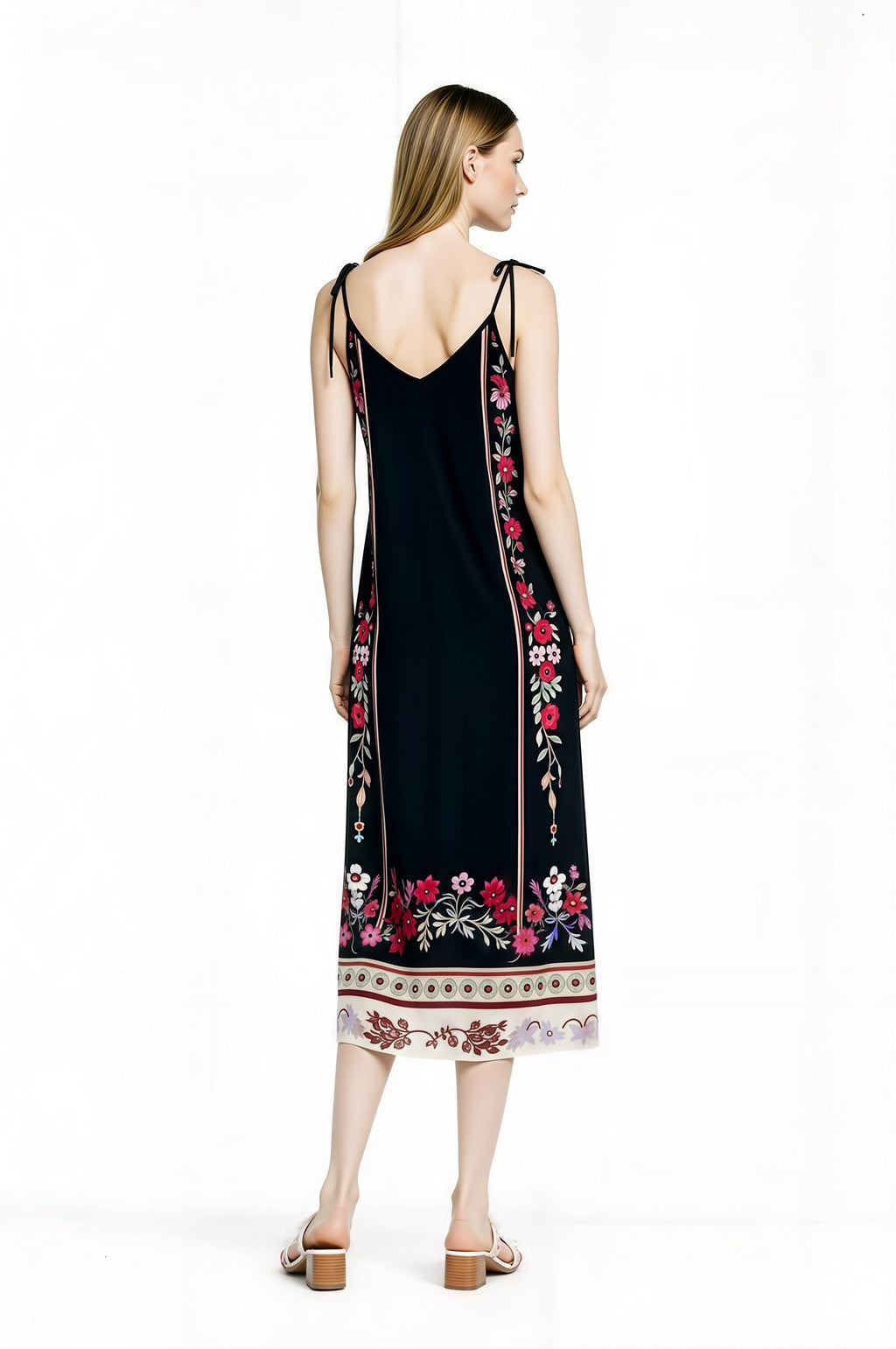 Black Floral Midi Slip Dress with Adjustable Tie Straps Ornamental Print