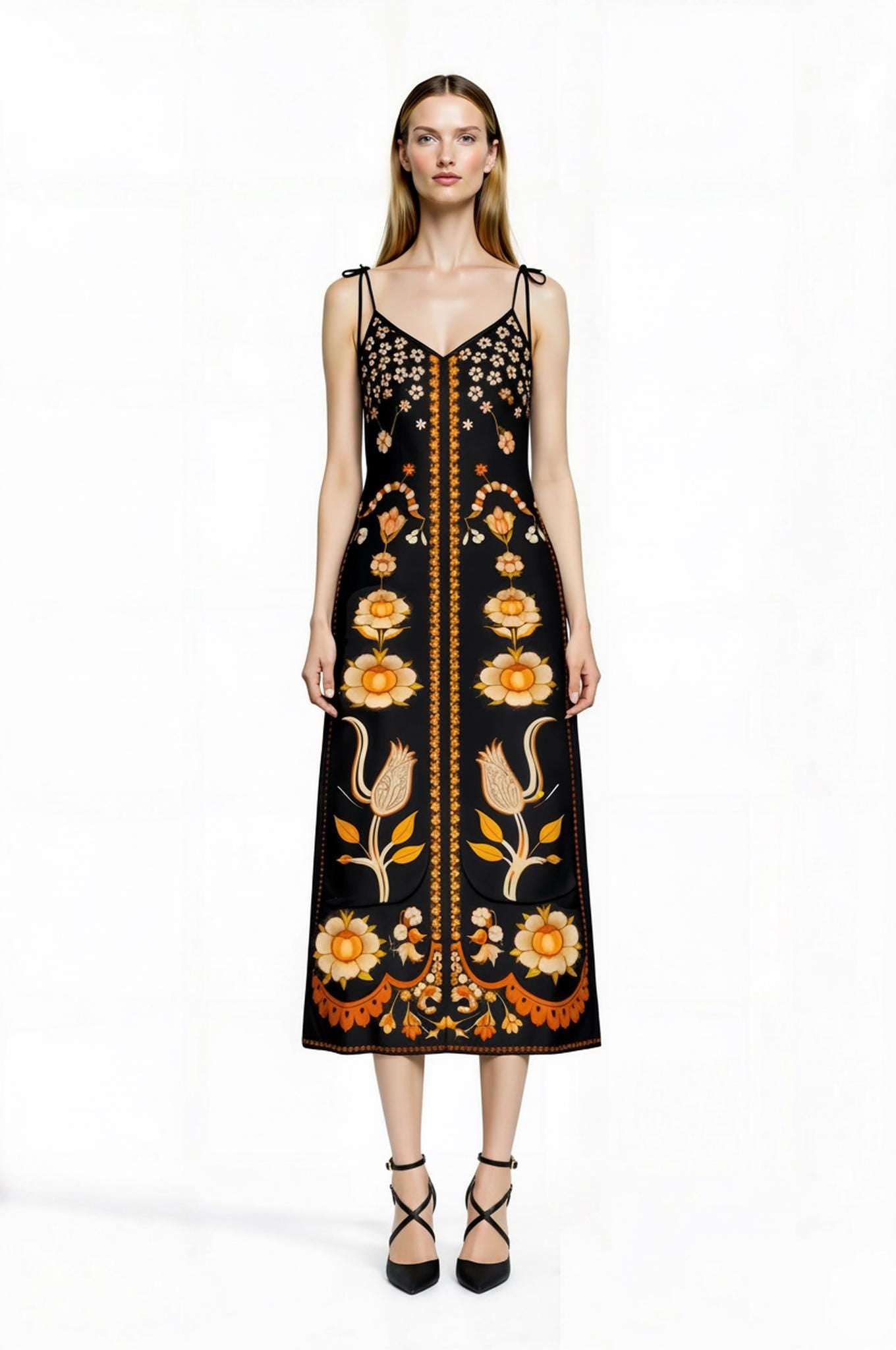 Black Floral Midi Slip Dress with Adjustable Tie Straps Ornamental Print