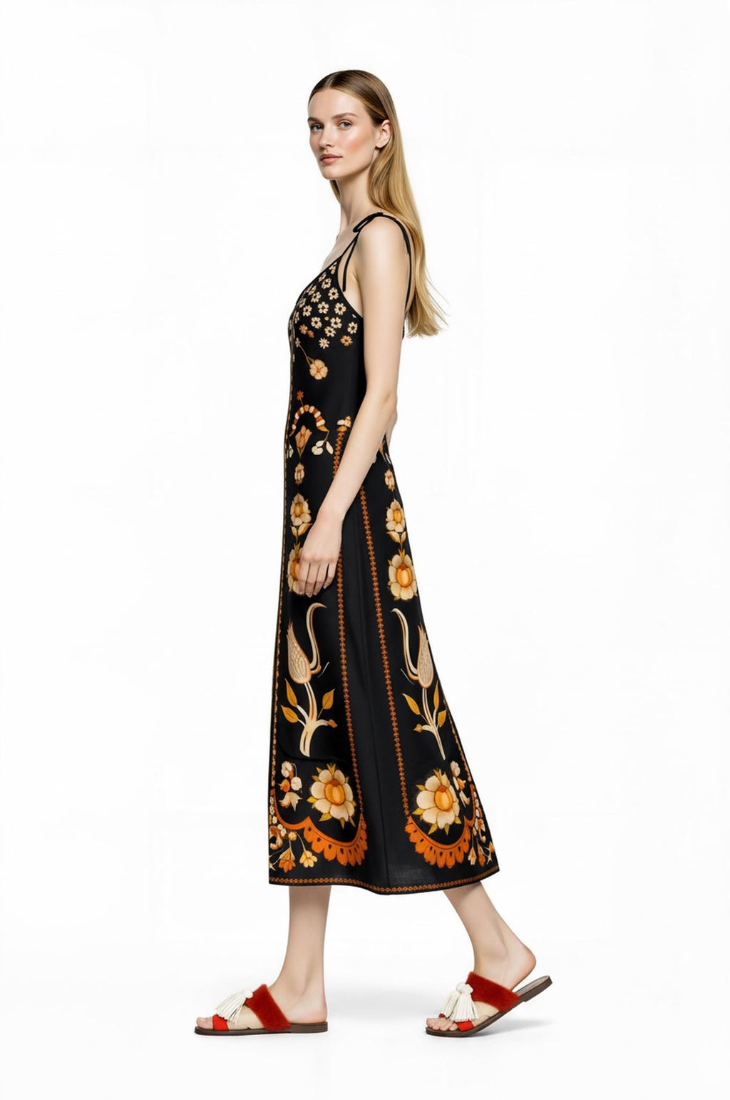 Black Floral Midi Slip Dress with Adjustable Tie Straps Ornamental Print
