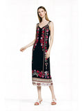 Black Floral Midi Slip Dress with Adjustable Tie Straps Ornamental Print