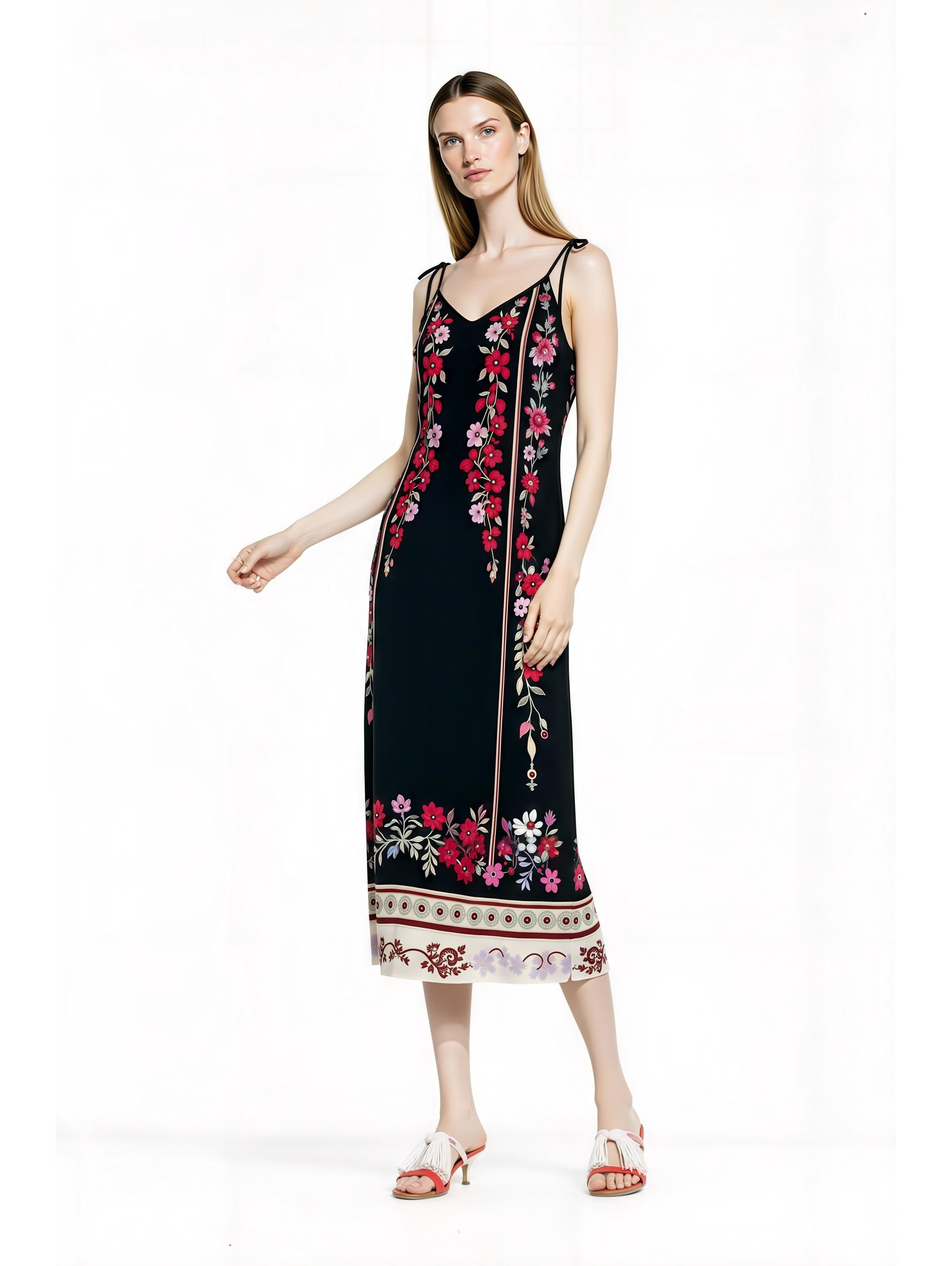 Black Floral Midi Slip Dress with Adjustable Tie Straps Ornamental Print